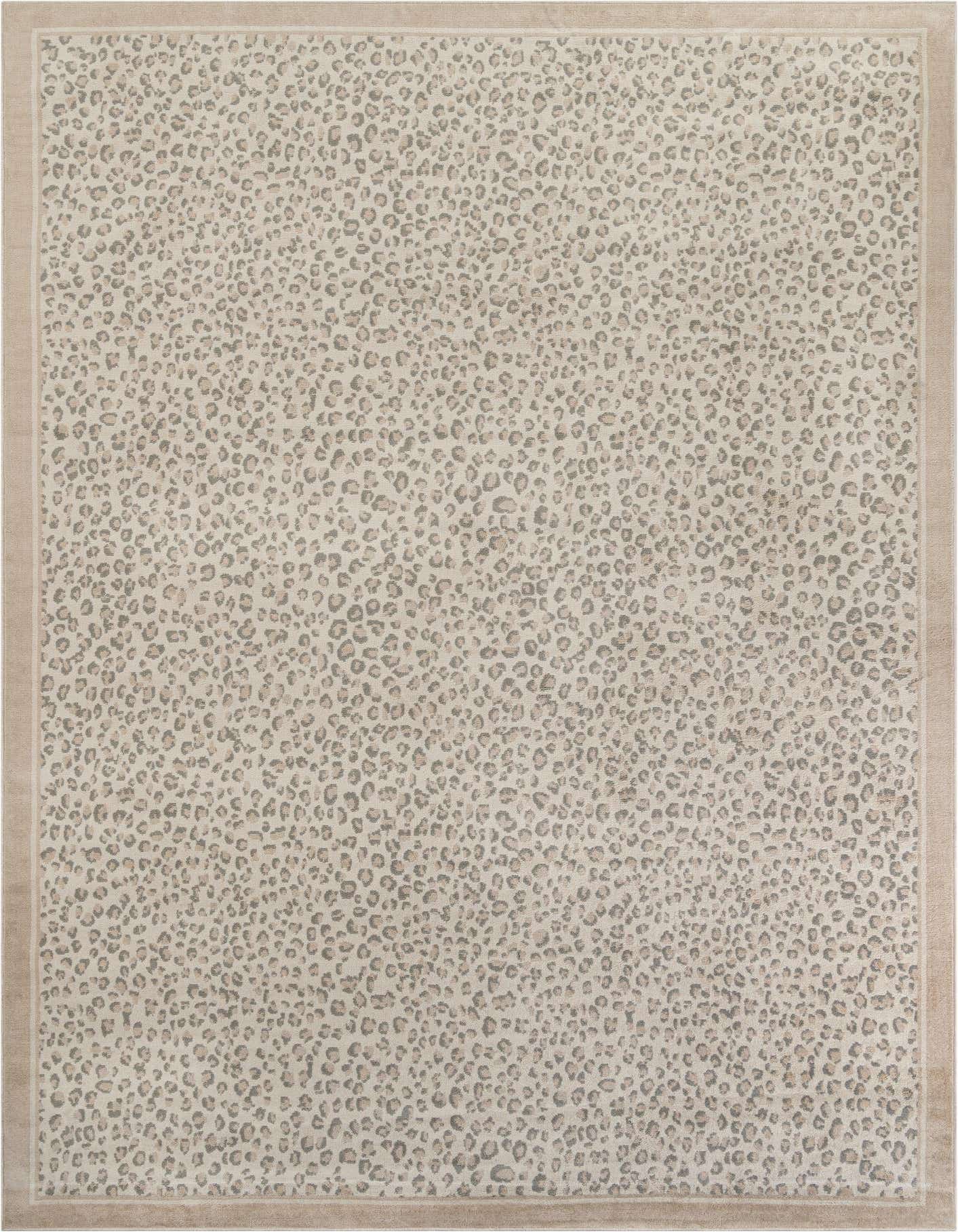 A 10x14 rectangular ivory and cream modern area rug with a subtle leopard spot pattern and a solid beige border.