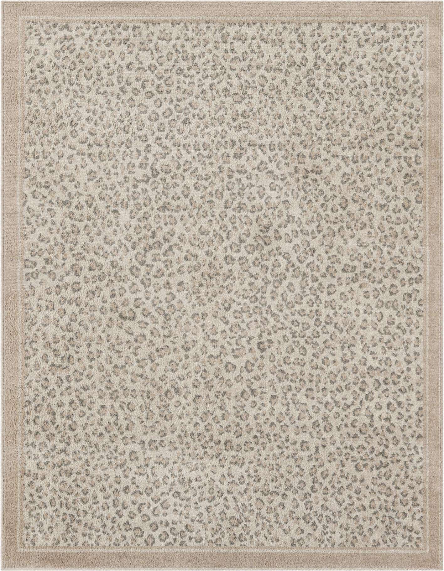 A 5x7 rectangular ivory and cream area rug with a subtle leopard print pattern and a thin border.