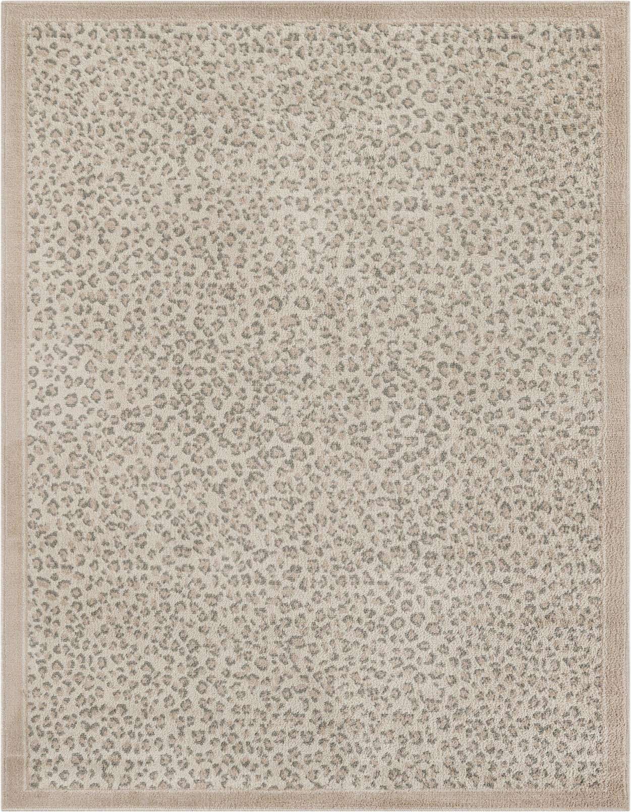 A 5x8 rectangular Savannah collection rug with a modern ivory and cream leopard print pattern and a solid beige border.