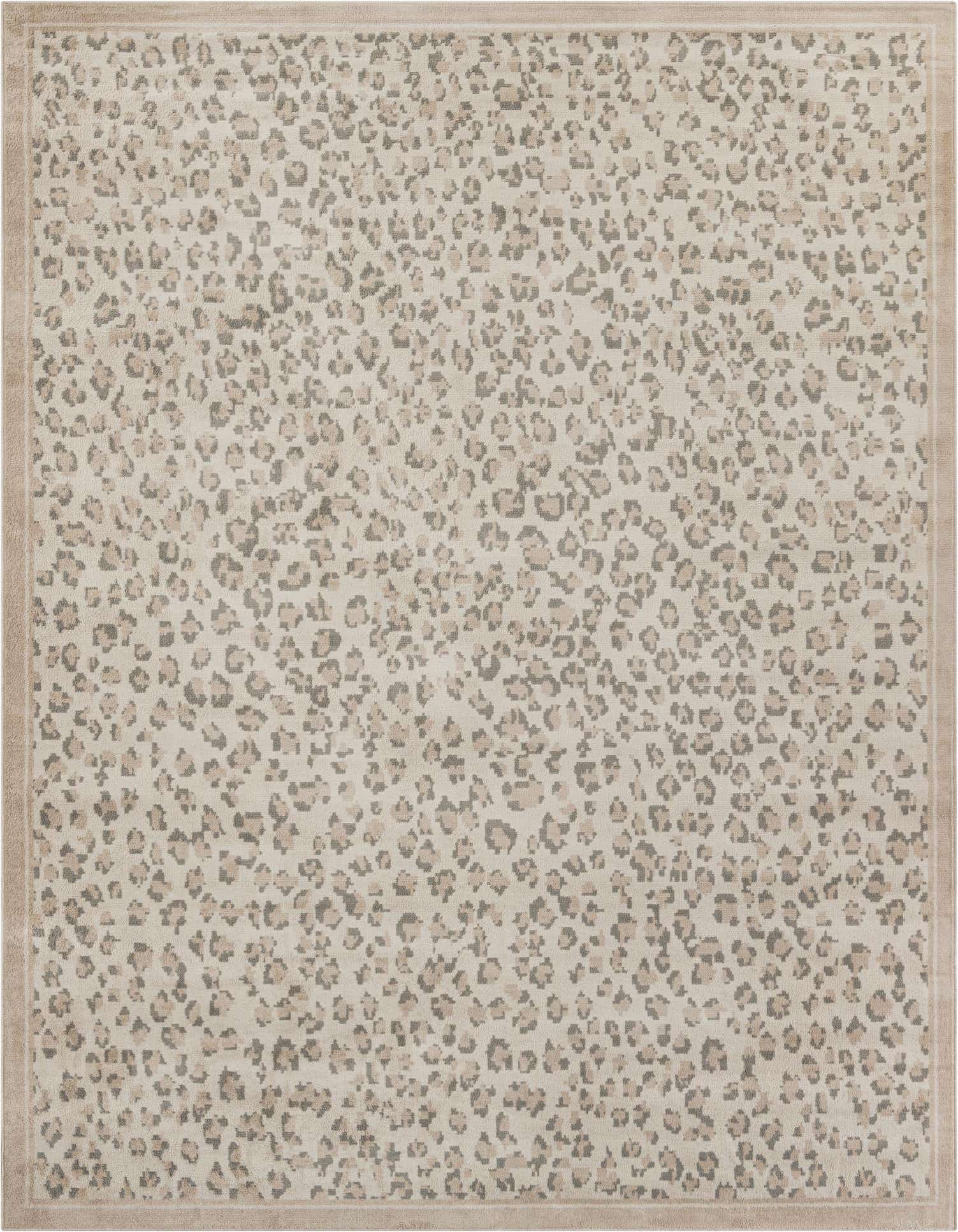 A 9x12 rectangular ivory and cream modern area rug with a subtle leopard print pattern and a solid border.