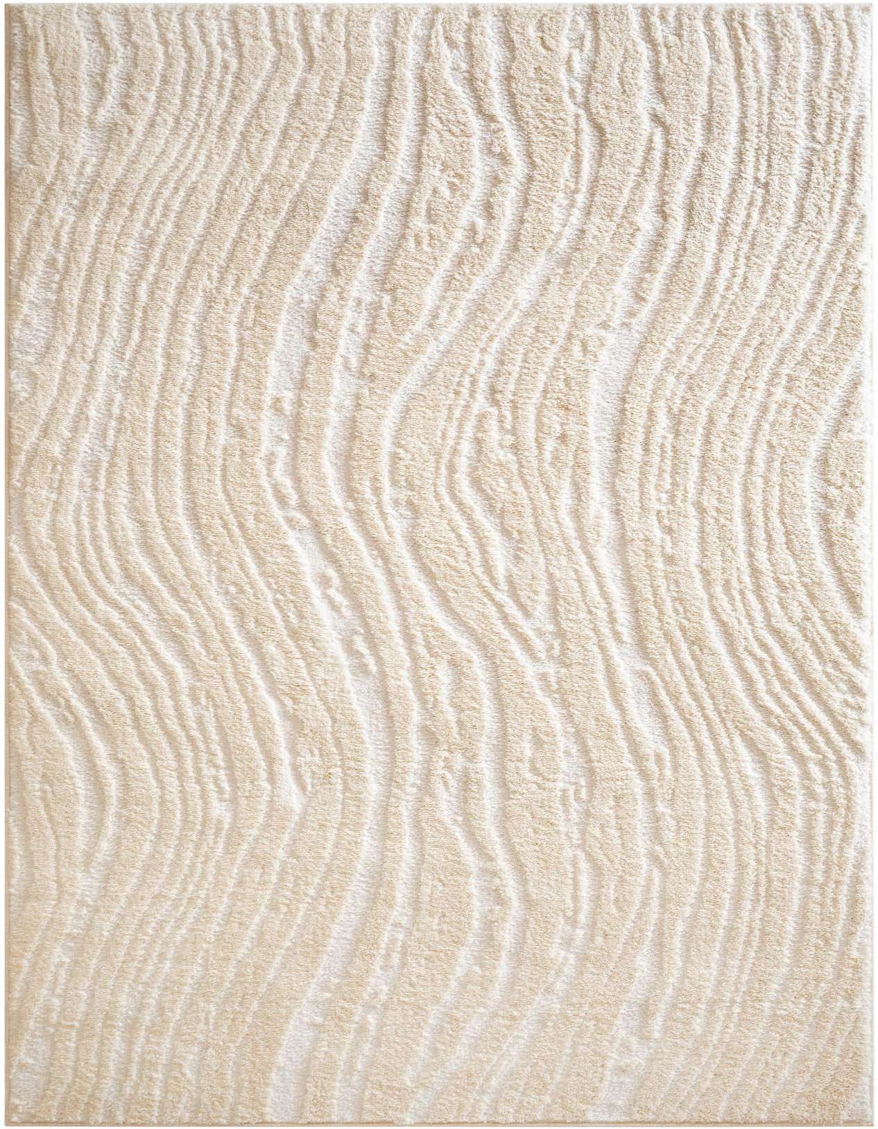 A 5x8 rectangular ivory area rug with a modern, abstract wavy textured pattern, perfect for a living room.