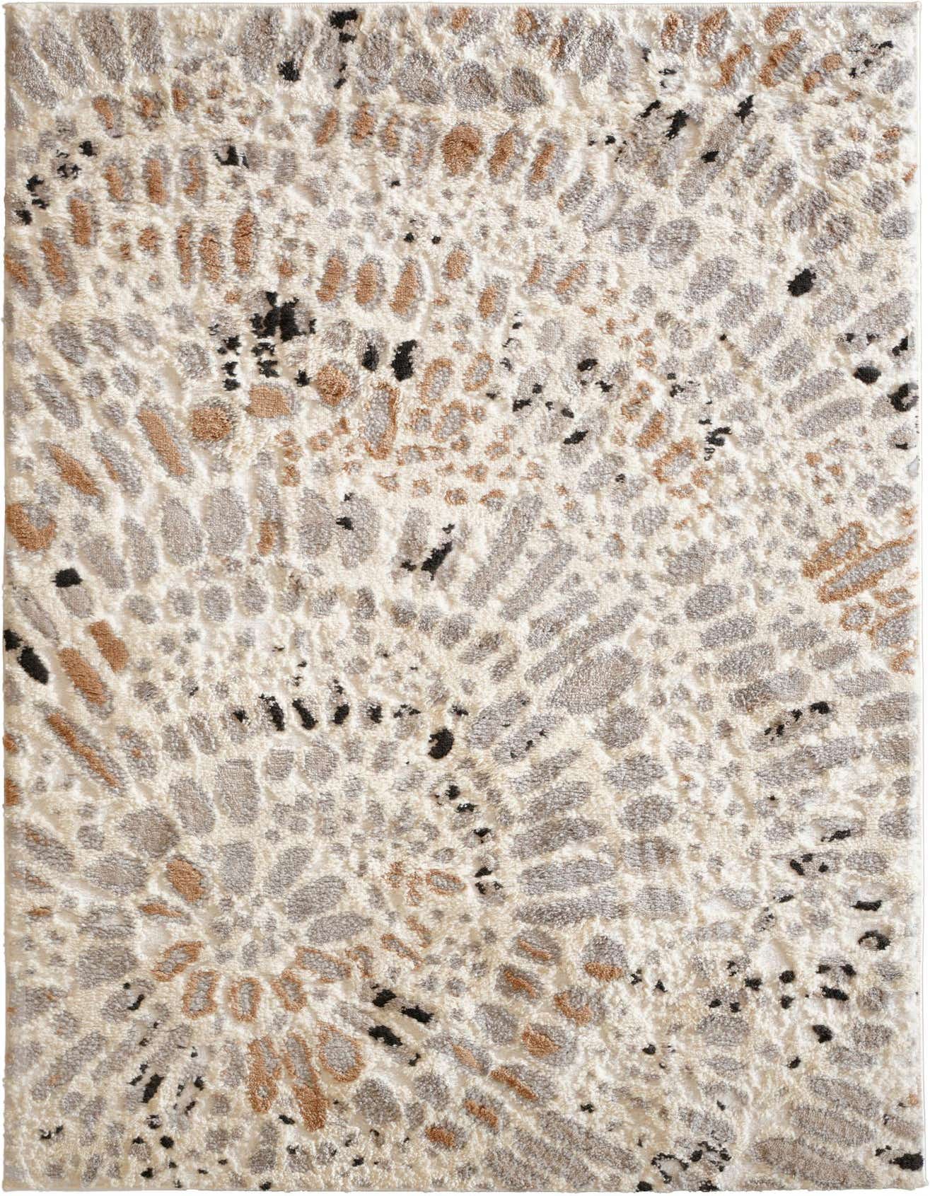 A 4x6 rectangular ivory modern rug with an abstract pattern in shades of cream, gray, brown, and black, featuring a textured pile.