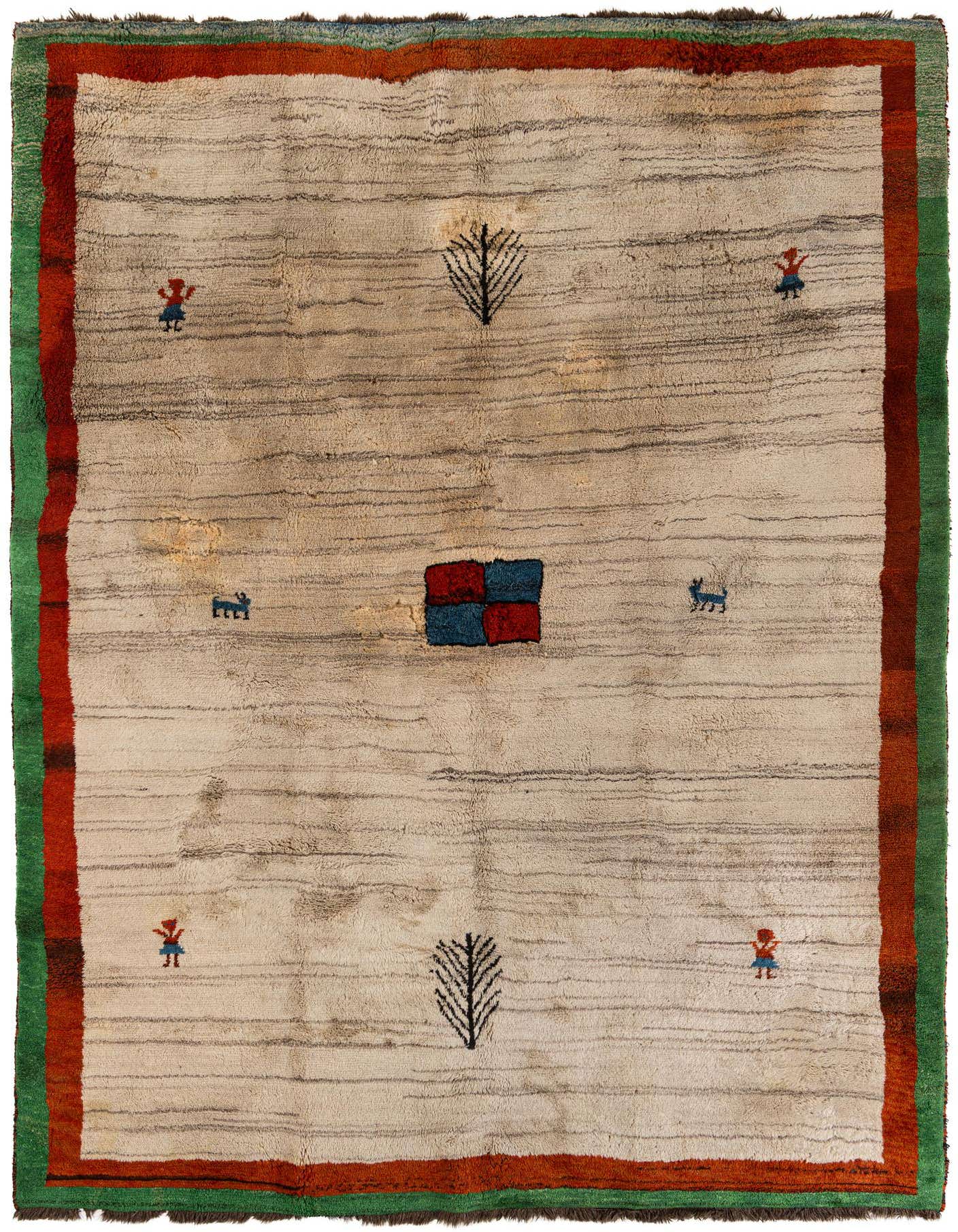 An 8x10 rectangular ivory wool rug with a Persian-inspired design, featuring abstract figures, trees, and a central checkerboard pattern, framed by a red and green border.