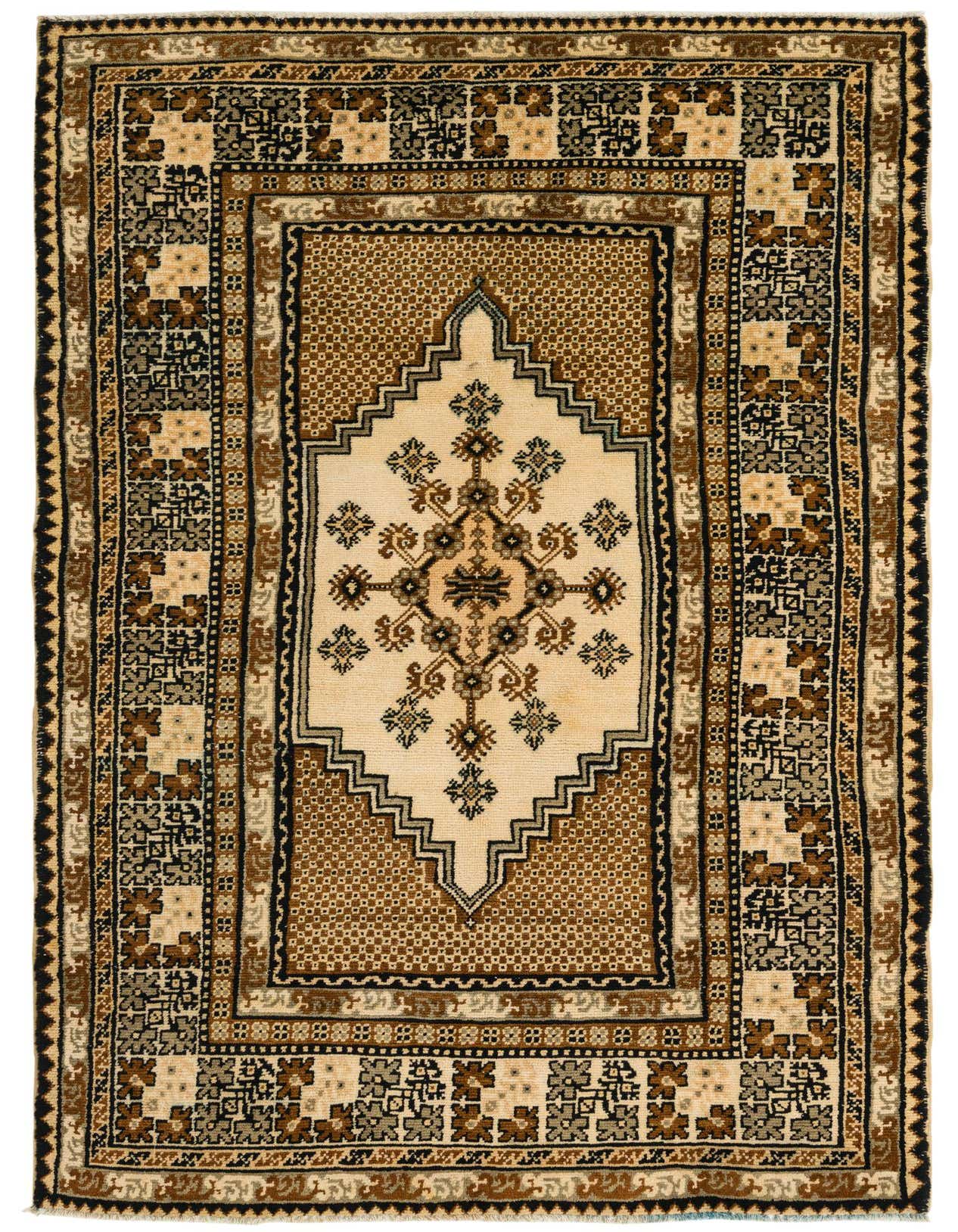 A 5x8 rectangular ivory Persian wool rug with a traditional medallion pattern and intricate borders.