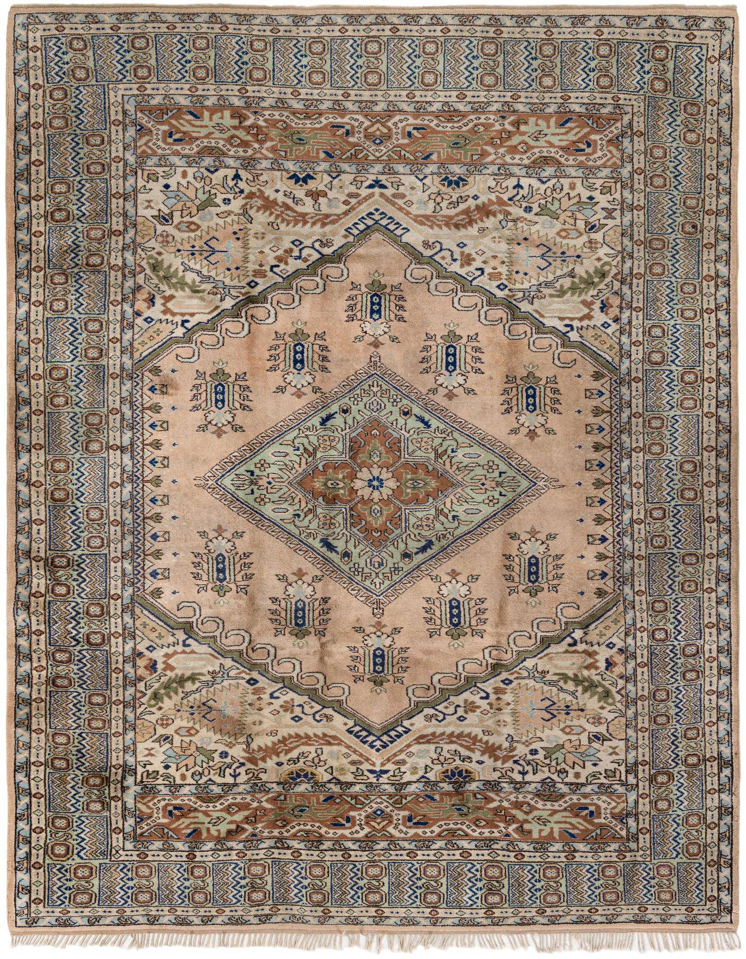 A 7x10 rectangular ivory and cream traditional Oriental rug with a central medallion and intricate patterns.