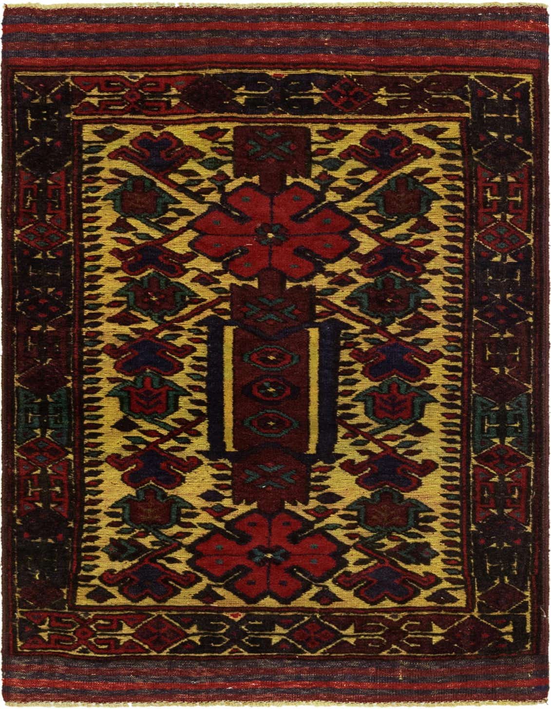 A 3x4 rectangular Sumak rug with a central medallion in red, blue, and green on an ivory field, surrounded by tribal patterns and a dark border.