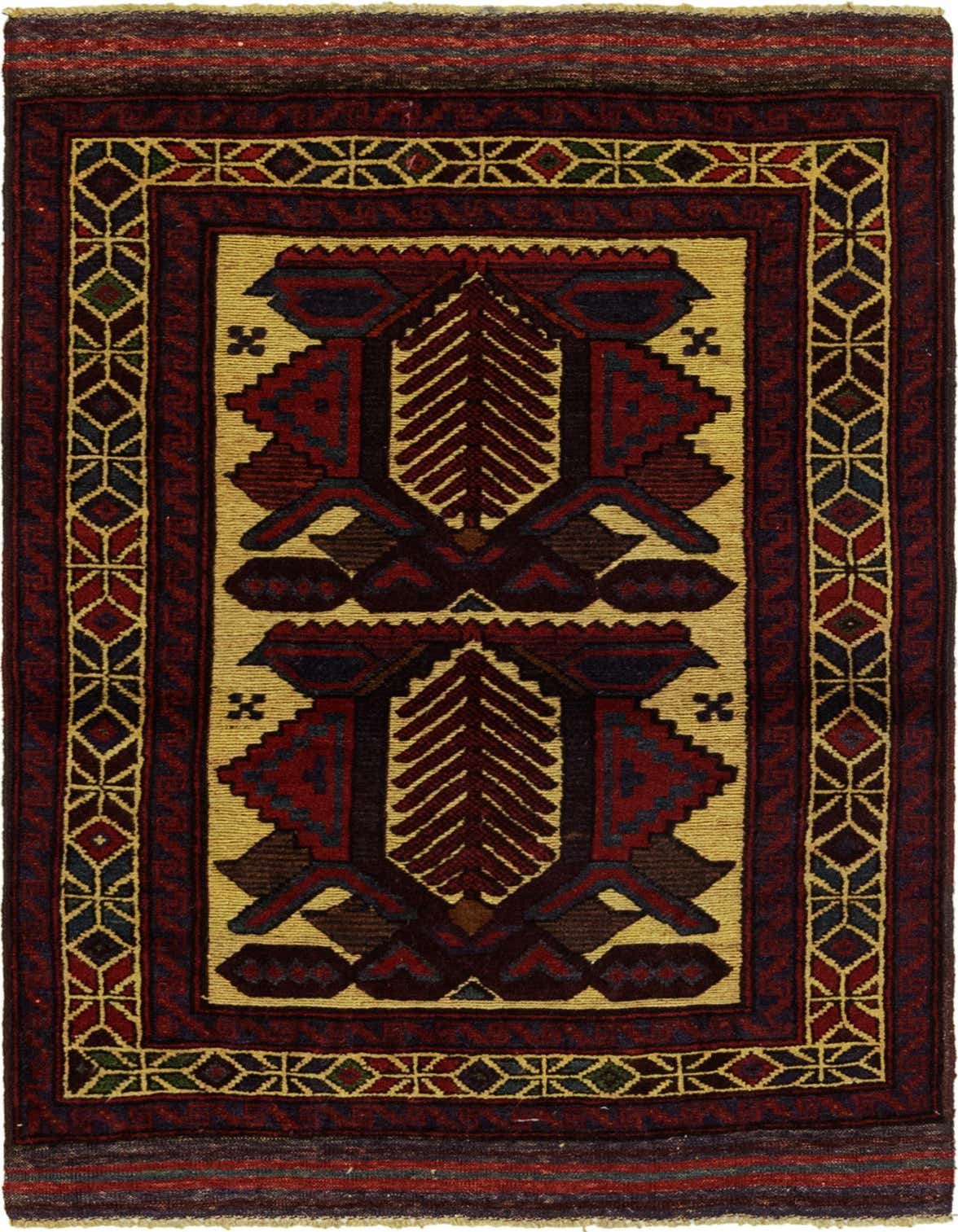 A 3x4 rectangular Sumak rug with a cream field and a large central medallion in deep reds, blues, and browns, surrounded by a complex tribal border.