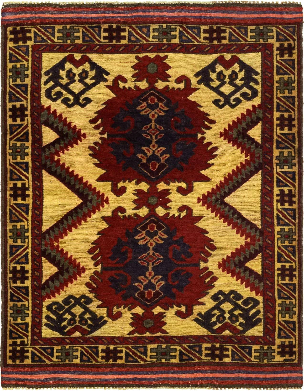 A 3x4 rectangular Sumak rug with an ivory background, featuring a bold tribal medallion design in deep red and navy, with intricate geometric borders.
