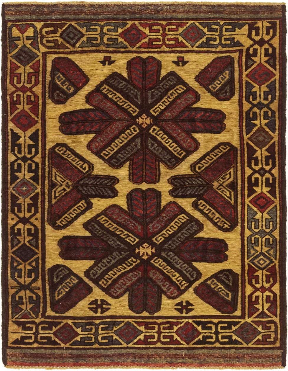 A 3x4 rectangular Sumak rug with a flat pile, featuring a traditional tribal medallion pattern in ivory, cream, and deep red.