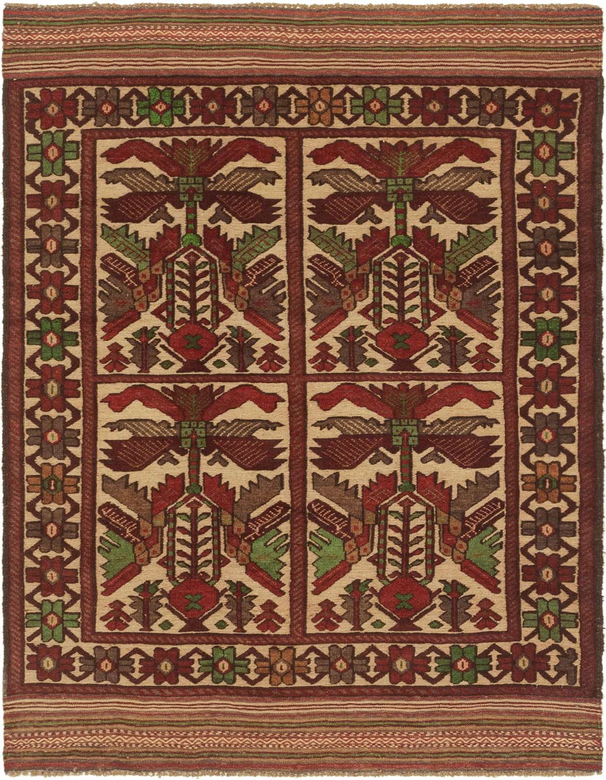 A 4x6 rectangular Sumak rug with a tribal pattern in ivory, cream, red, and green, perfect for a living room.