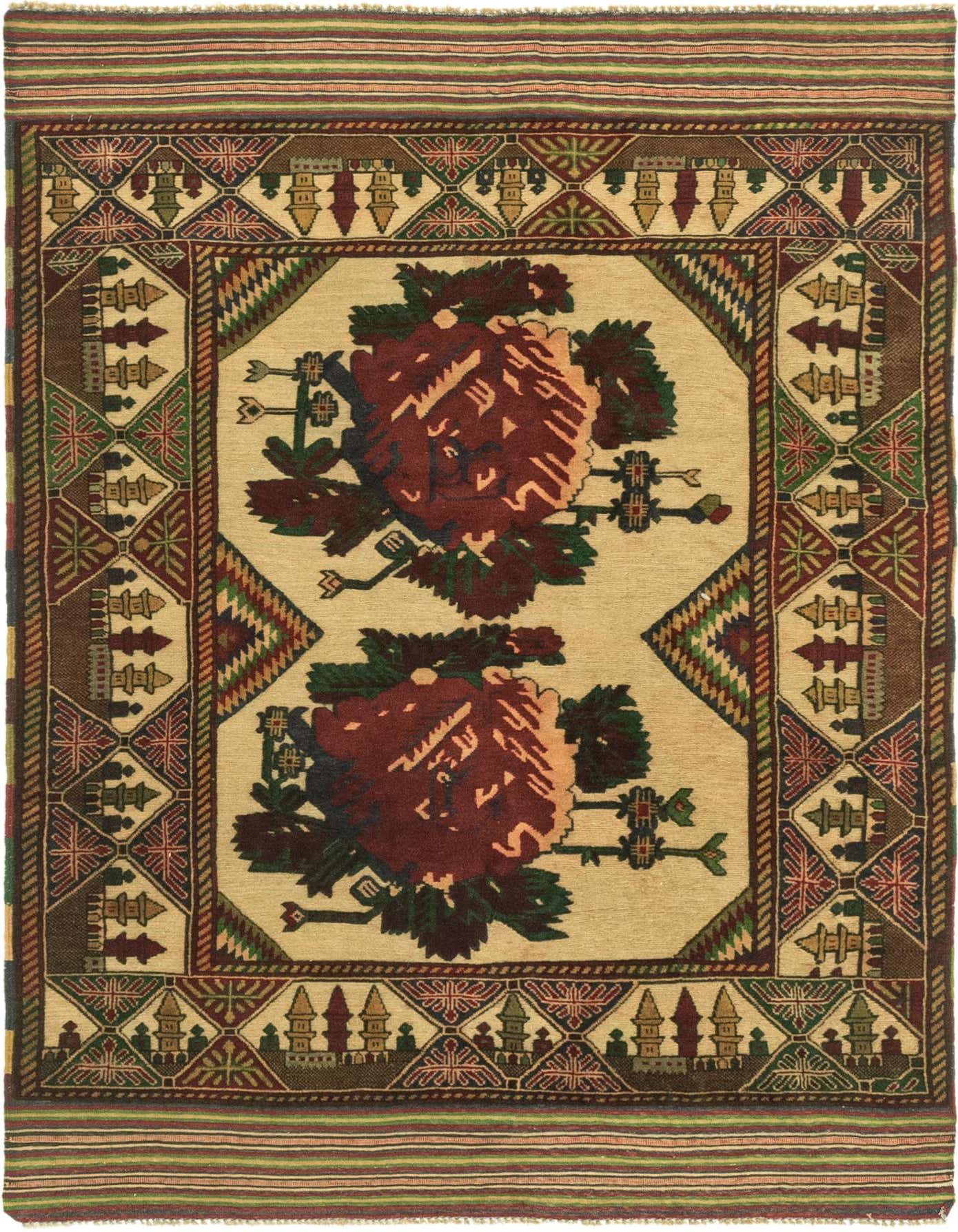 A 4x6 rectangular Sumak rug with an ivory field, featuring two large, stylized tribal medallions in deep red and peach, surrounded by a complex border of geometric patterns in brown, green, and red.
