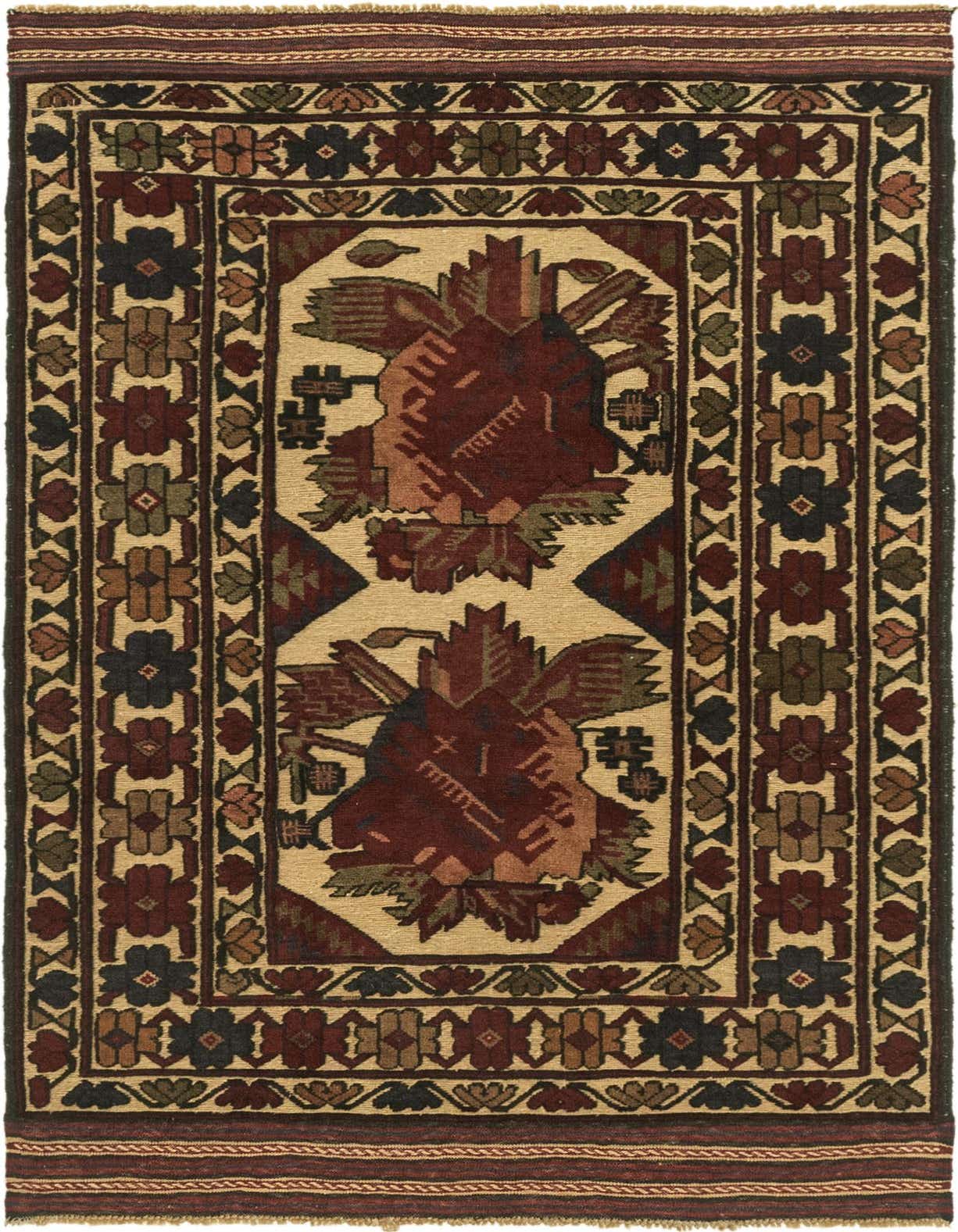 A 4x6 rectangular Sumak rug with a cream background and a traditional botanical and tribal pattern in shades of ivory, cream, white, red, green, and dark blue.