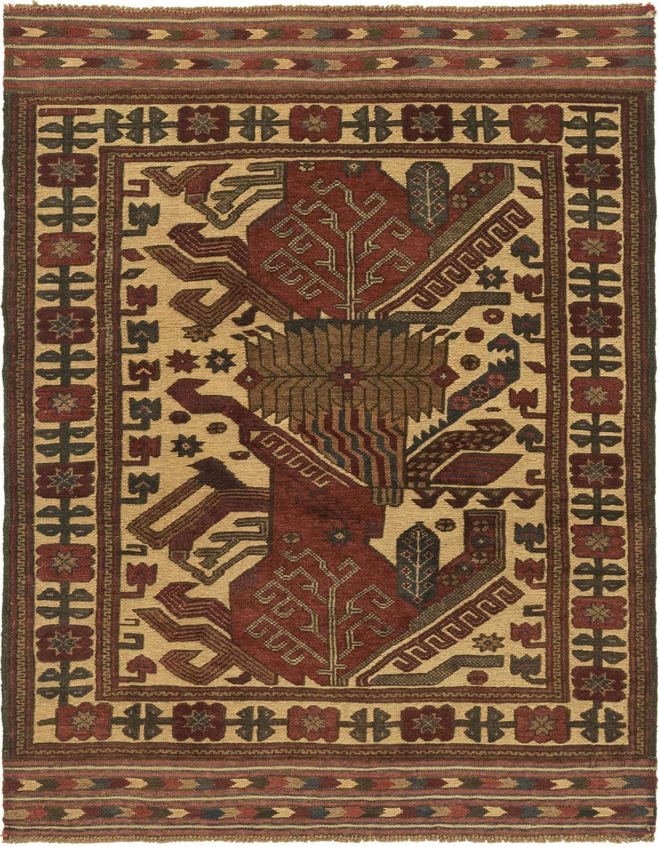 A 4x6 rectangular Sumak rug with a traditional tribal pattern in ivory, cream, and deep red, featuring geometric motifs and a detailed border.