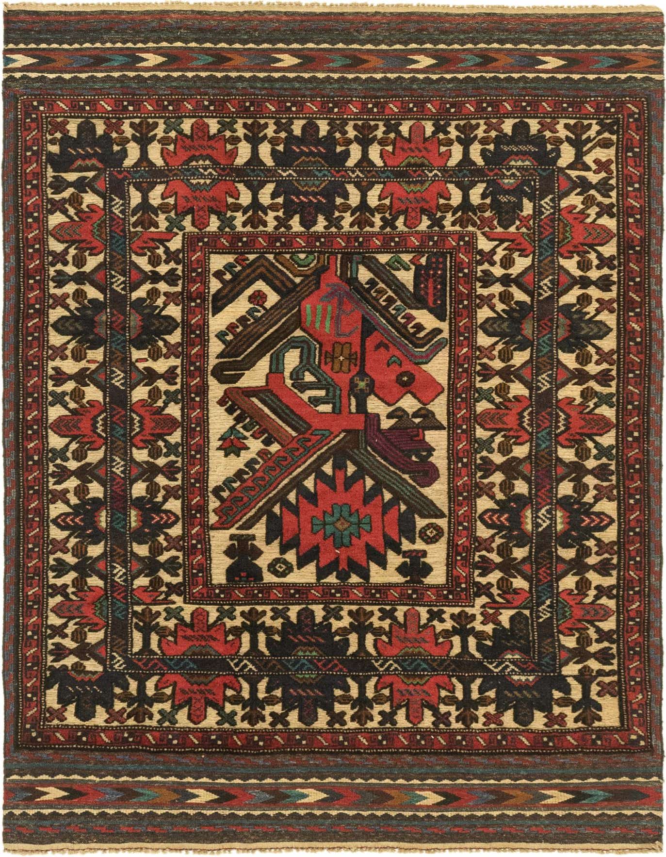 A 4x6 rectangular Sumak rug with a traditional tribal pattern in ivory, red, black, and blue tones.
