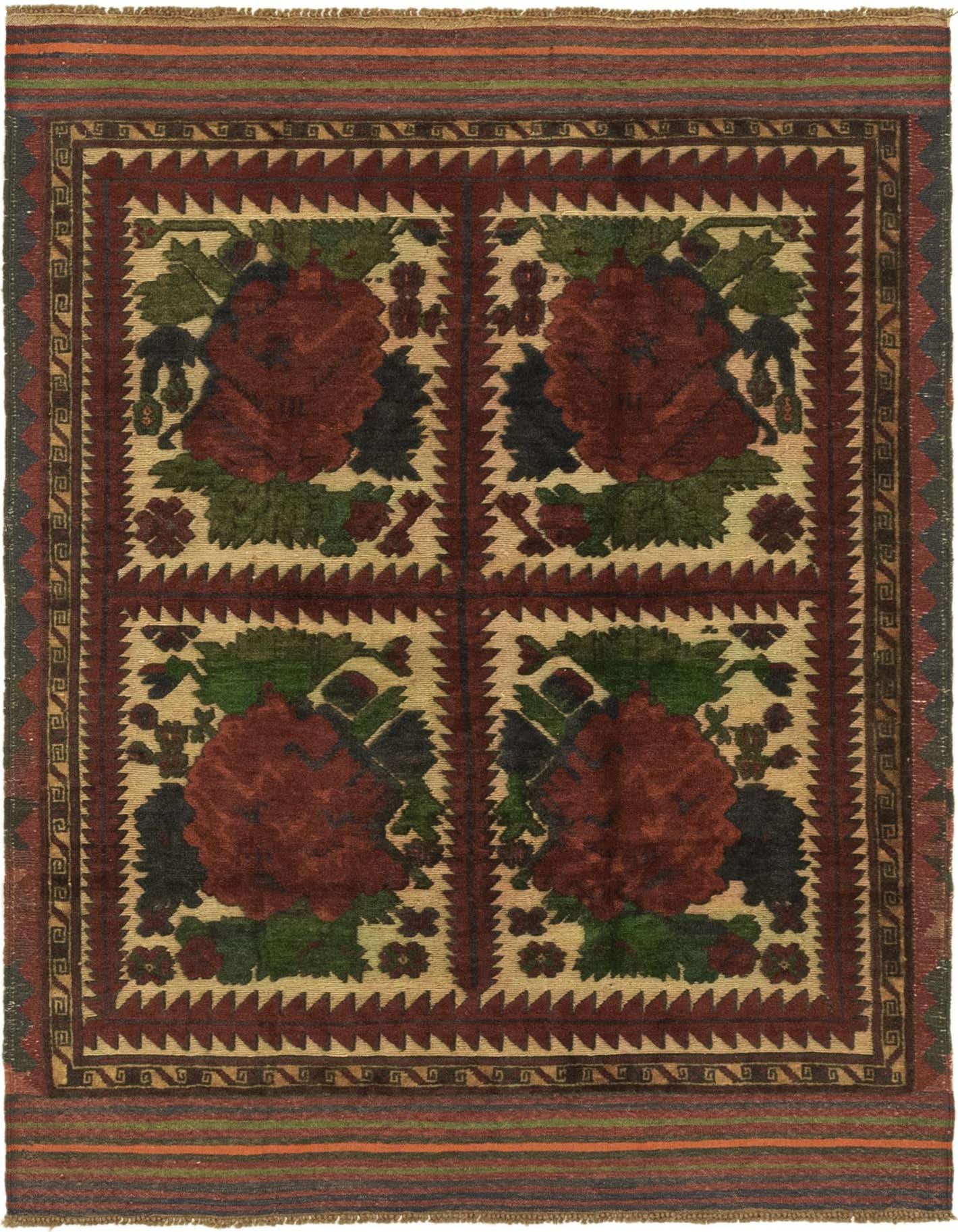 A 4x6 rectangular Sumak rug featuring a traditional botanical pattern with large red floral motifs and green leaves on an ivory background, framed by a tribal border.
