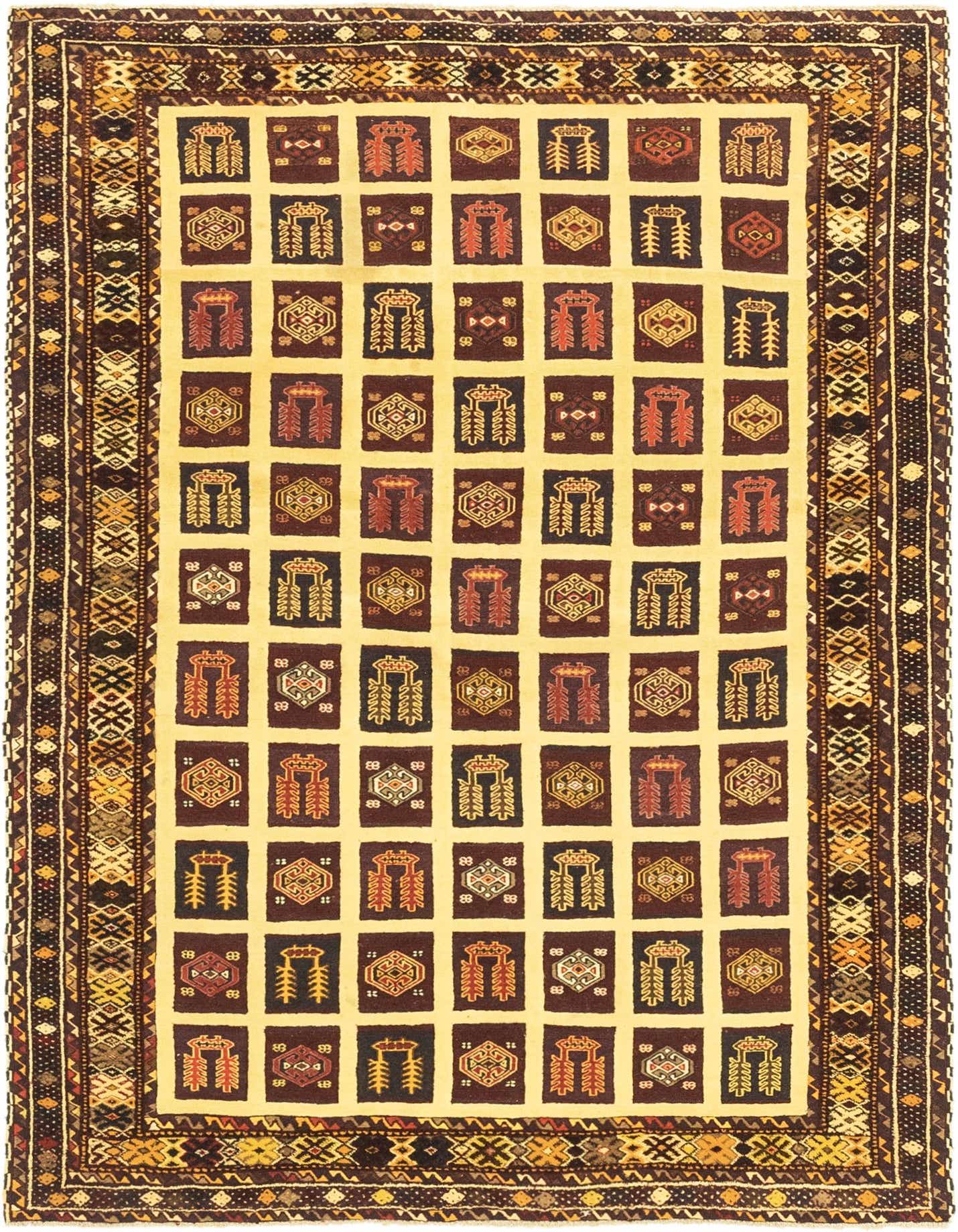 A 4x6 rectangular ivory wool rug with a tribal grid pattern of brown, red, and gold motifs, framed by a detailed border.