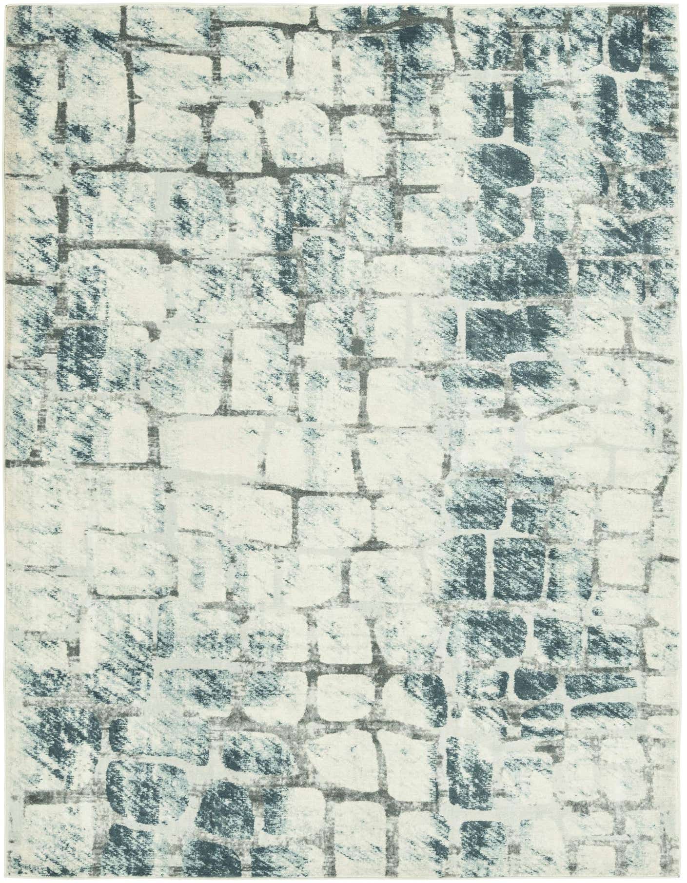 A 5x8 rectangular indoor rug with a modern abstract pattern in shades of ivory, cream, white, and teal blue, resembling distressed cobblestones.