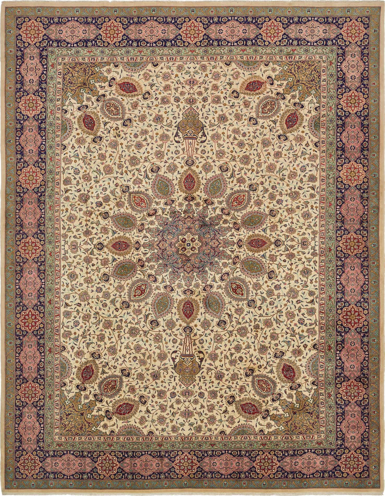 A 10x13 rectangular ivory Persian Tabriz rug with a detailed central medallion and intricate floral patterns, ideal for a living room.