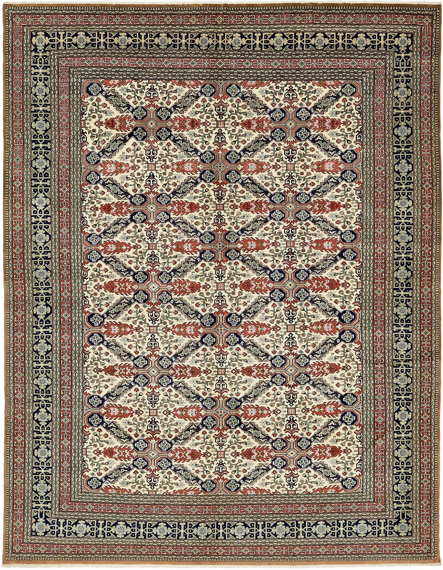 An 8x10 rectangular ivory Persian rug with intricate traditional patterns in red, blue, and cream, perfect for a living room.