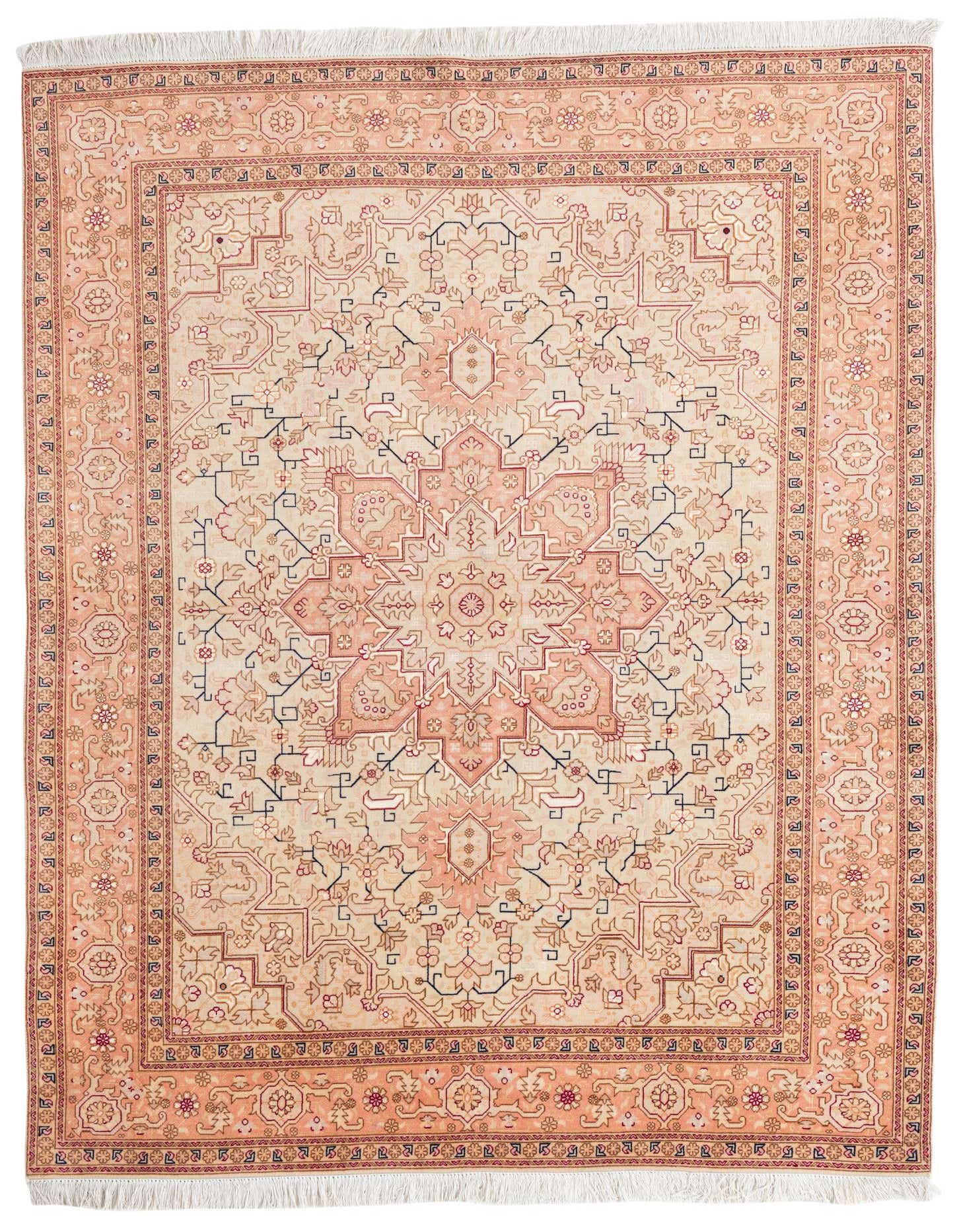 A 5x8 rectangular ivory Persian rug with a traditional medallion pattern in peach, cream, and subtle blue accents, featuring a medium pile and white fringe.