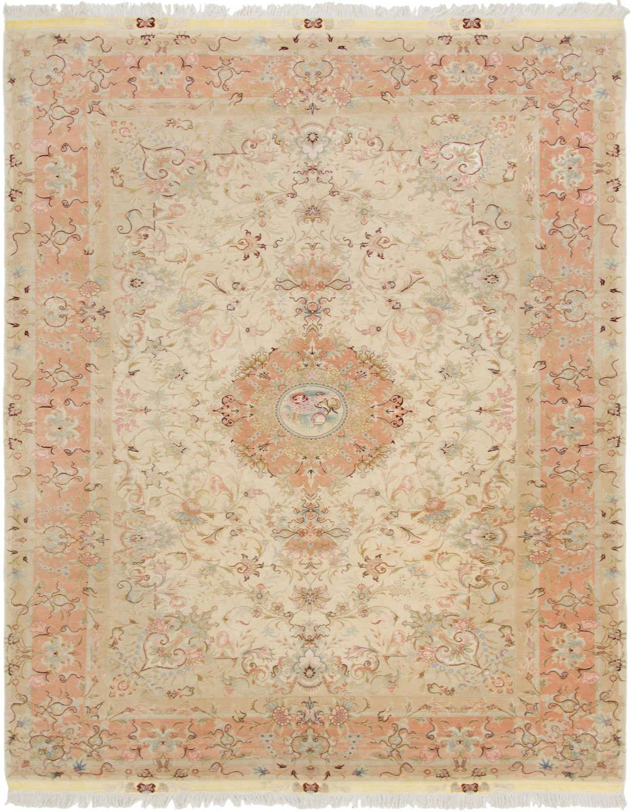A 6x9 rectangular ivory Persian rug with a traditional botanical medallion pattern in shades of cream, peach, and light blue.