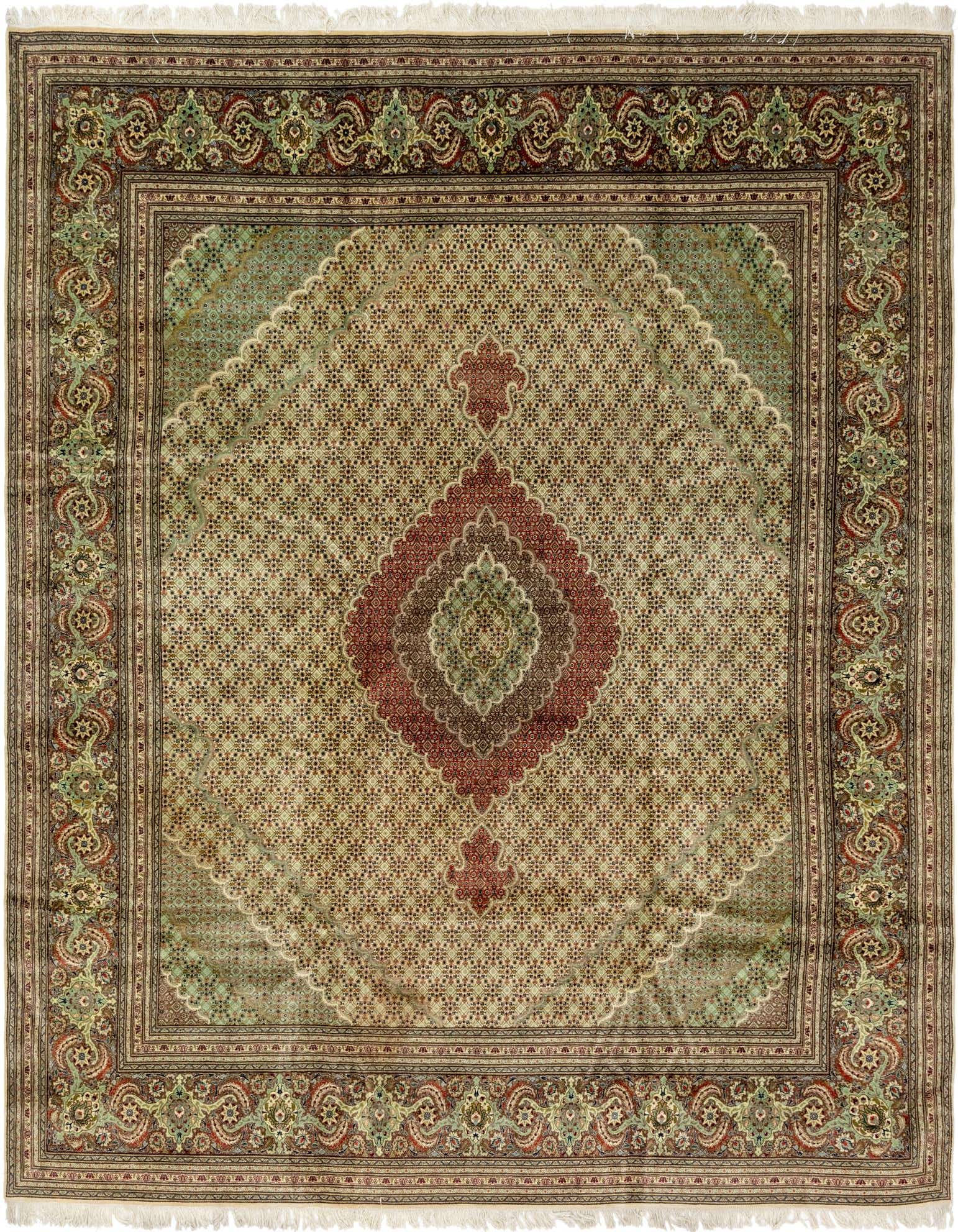 A 10x13 rectangular Persian rug featuring an intricate ivory and cream field with a central red medallion and green accents, surrounded by a detailed border.
