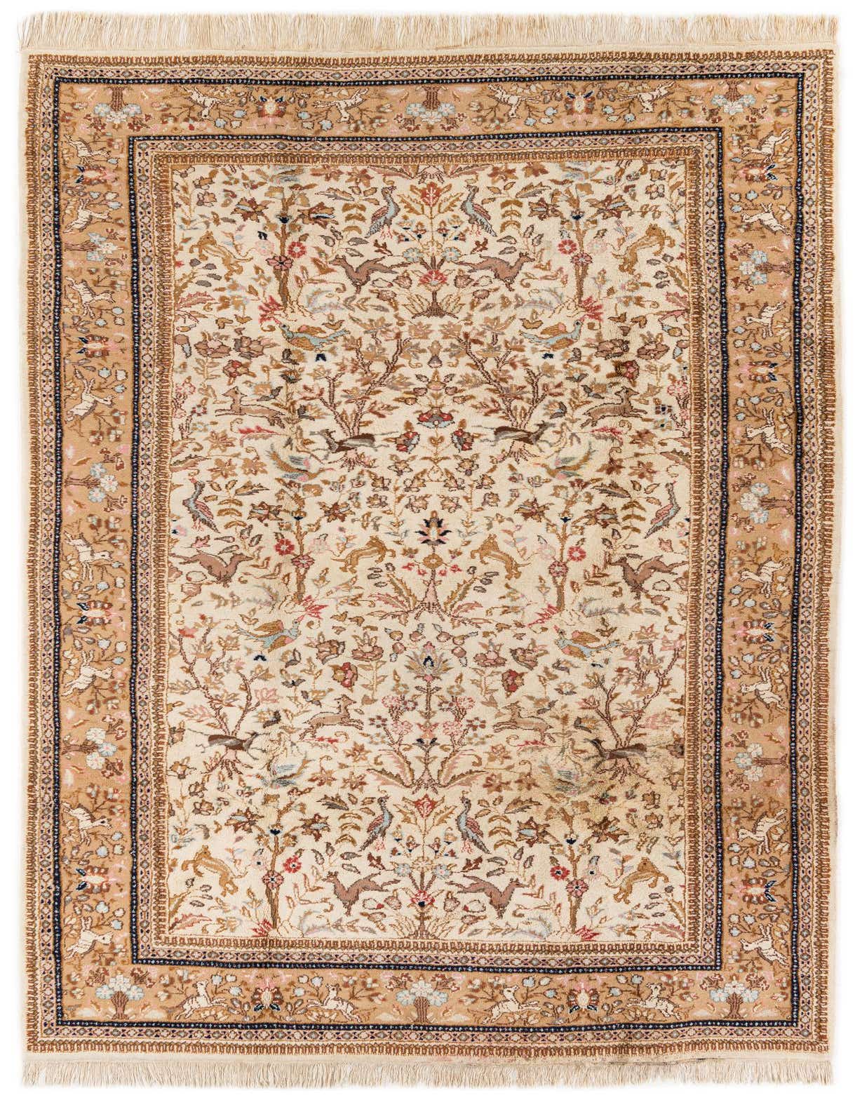 7x10 rectangular ivory wool rug with a traditional floral and animal pattern, featuring a detailed border.
