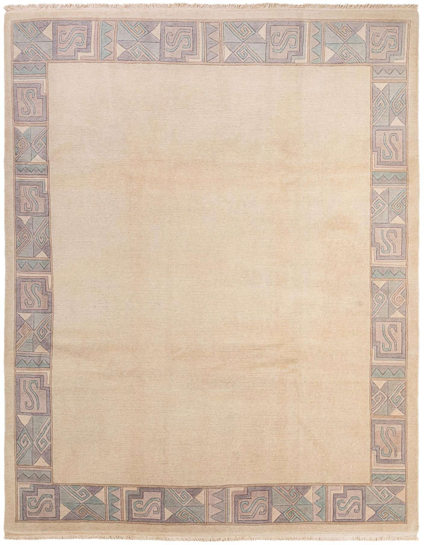 An 8x11 rectangular ivory wool rug with a modern Oriental border in muted blues, purples, and greens.