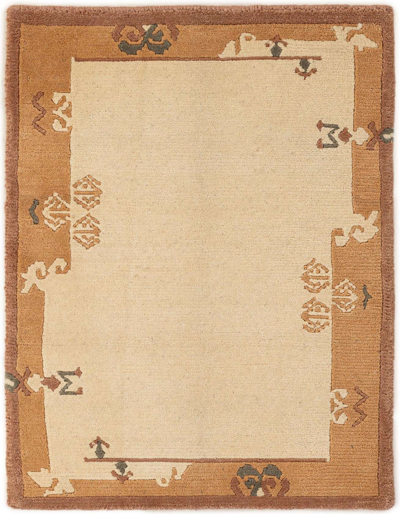 A 2x3 rectangular ivory wool rug with a modern oriental border in shades of brown, tan, and subtle dark accents.
