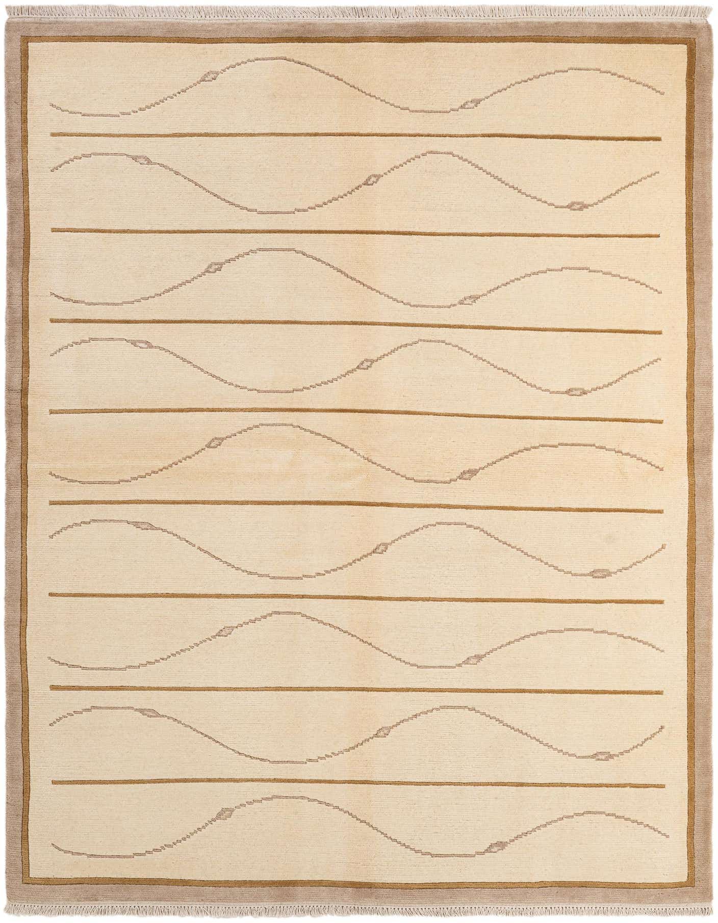 A 5x8 rectangular ivory and cream rug with a modern abstract pattern of horizontal wavy lines and solid stripes, framed by a subtle border.