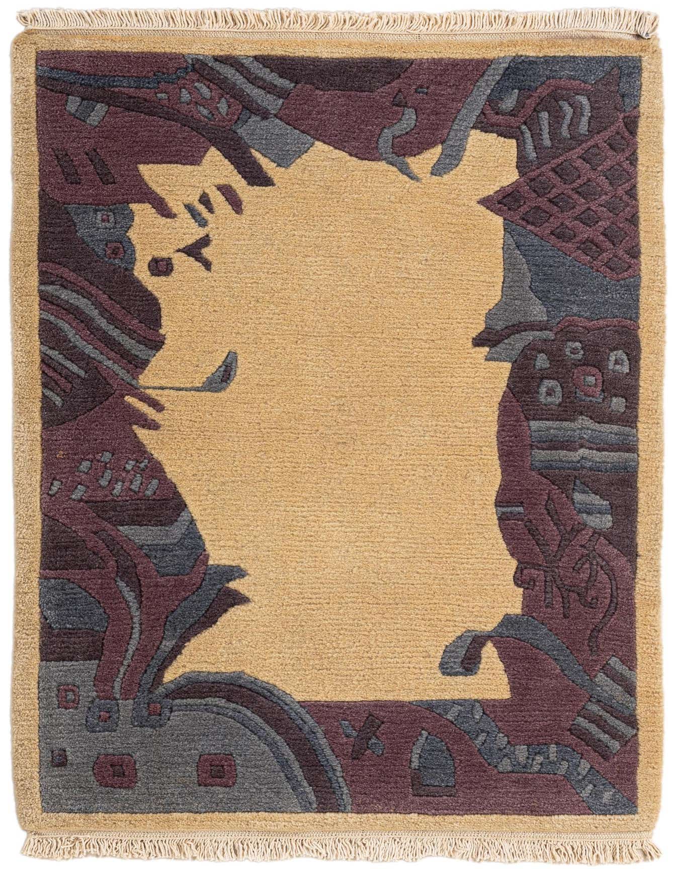 A 2x3 rectangular ivory wool rug with an abstract, modern border in shades of burgundy, gray, and dark blue.