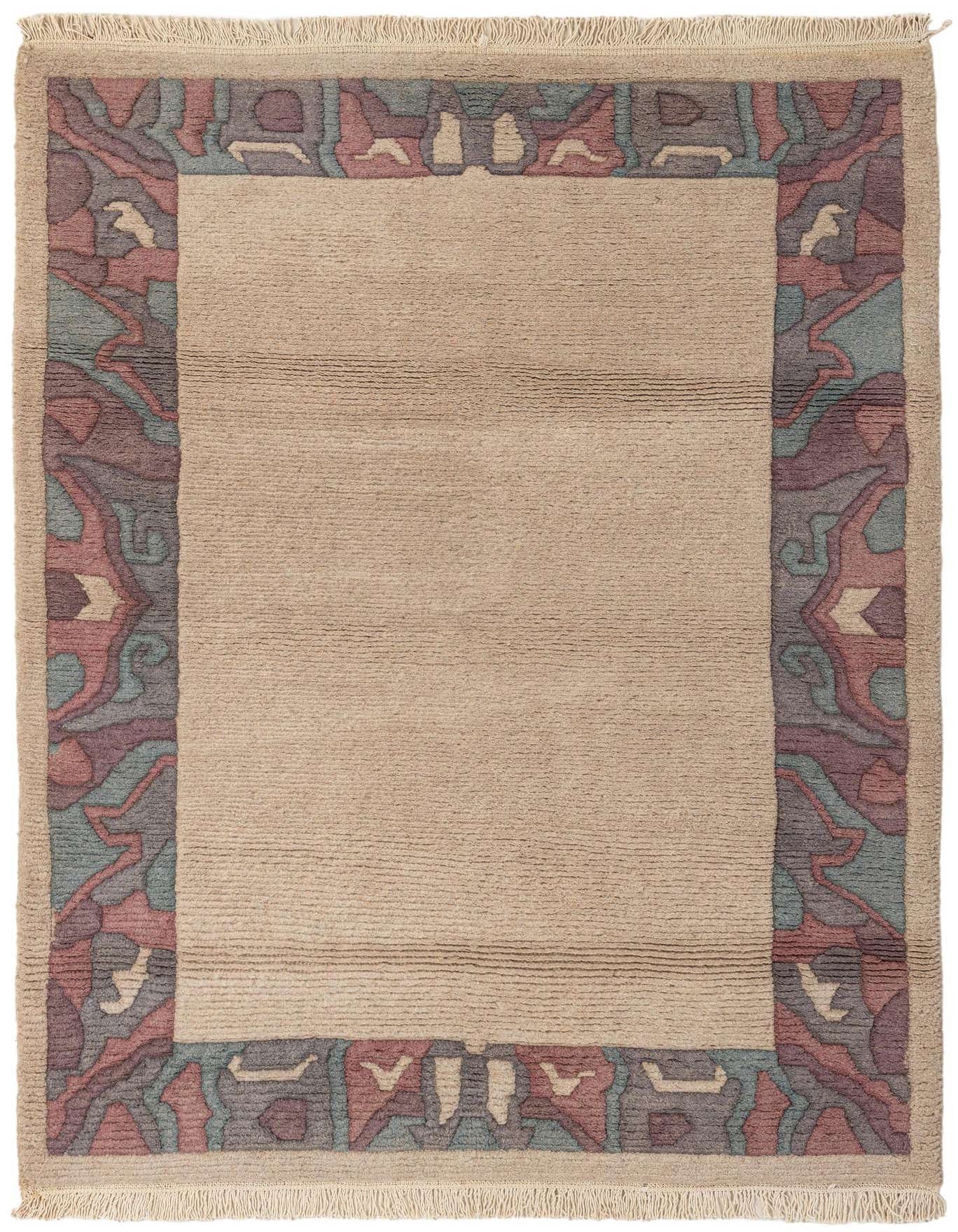 A 4x6 rectangular ivory wool rug with a modern abstract border in muted red, purple, and teal, suitable for various indoor rooms.