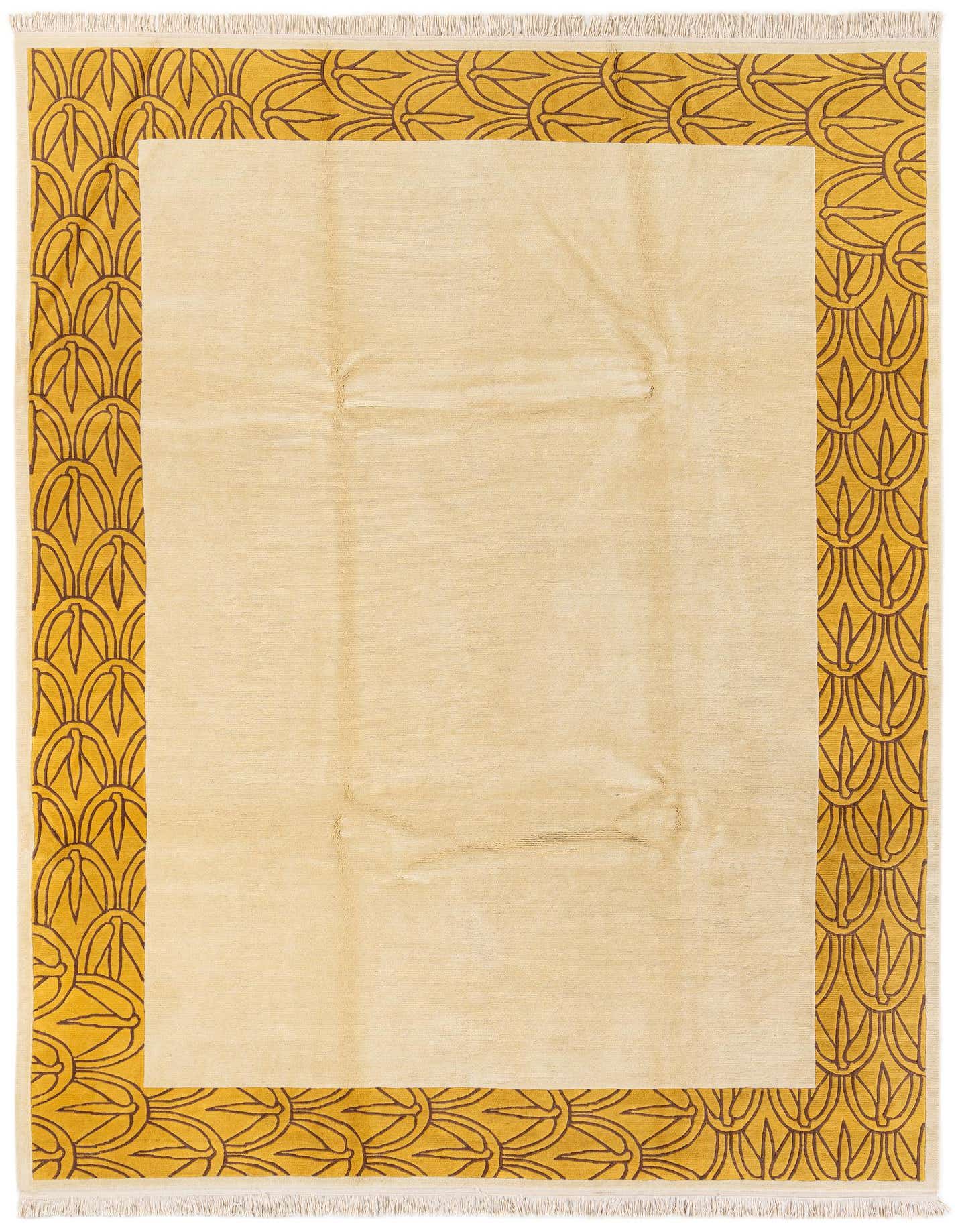 An 8x11 rectangular ivory wool rug with a modern oriental pattern border in gold and brown, suitable for a living room.