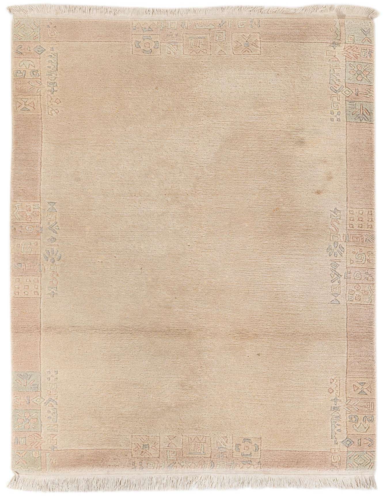 A 4x6 rectangular ivory wool rug with a subtle modern oriental abstract border pattern and fringe.