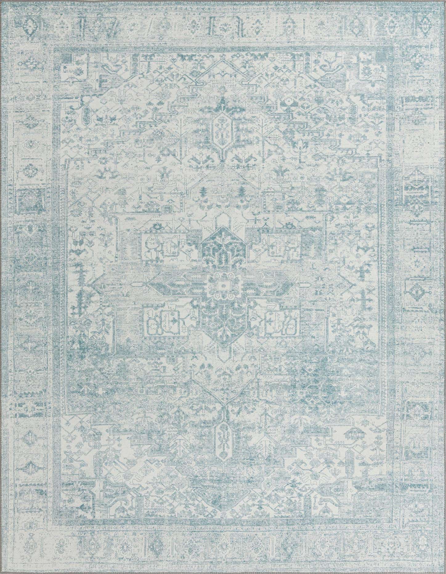 A 7x10 rectangular ivory and cream area rug with a faded teal oriental medallion pattern, suitable for a living room.