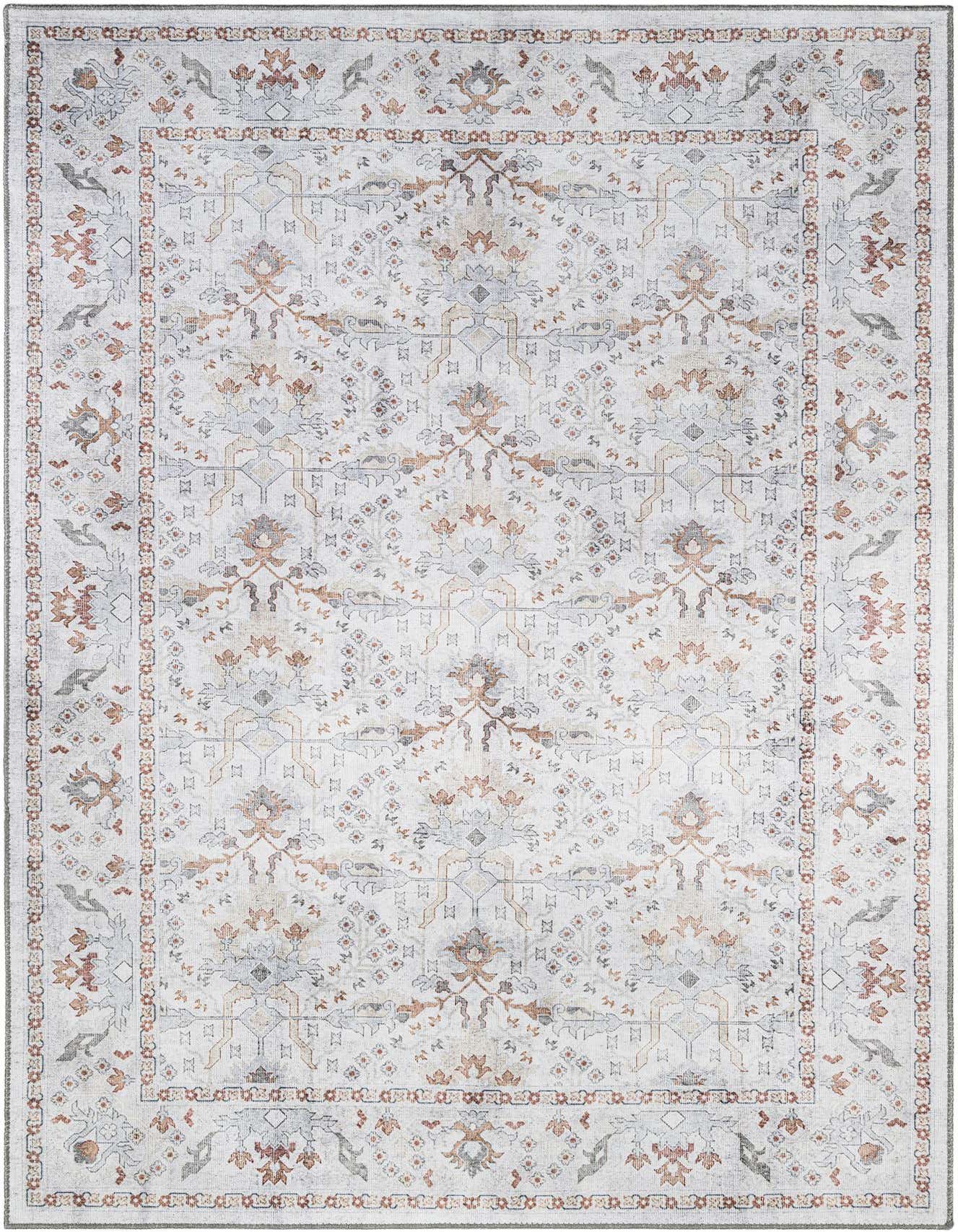 A 6x9 rectangular ivory and cream traditional rug with a vintage medallion pattern, featuring subtle rust and grey accents.
