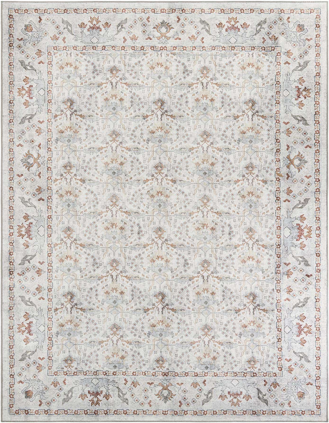 An 8x12 rectangular ivory and cream rug with a traditional Oriental medallion pattern and a detailed border.