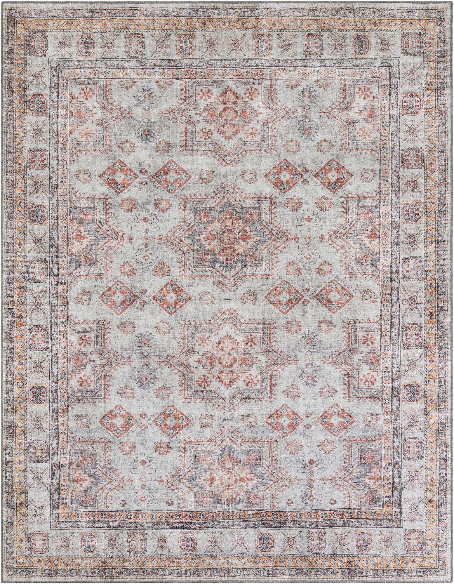 An 8x10 rectangular ivory and cream rug with a distressed traditional Oriental pattern in rust, grey, and orange.
