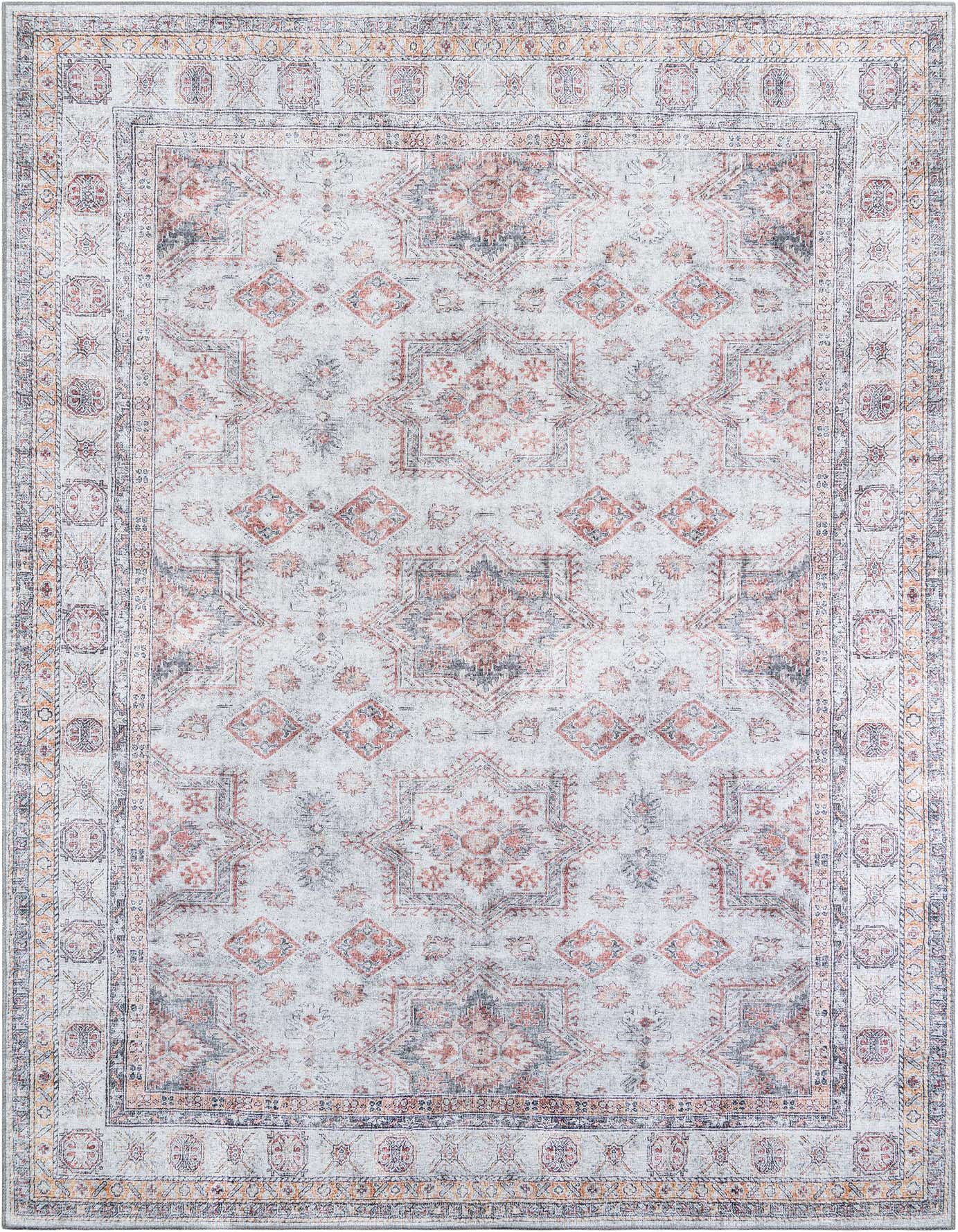 An 8x12 rectangular ivory and cream oriental rug with a traditional medallion pattern and subtle red and blue accents.