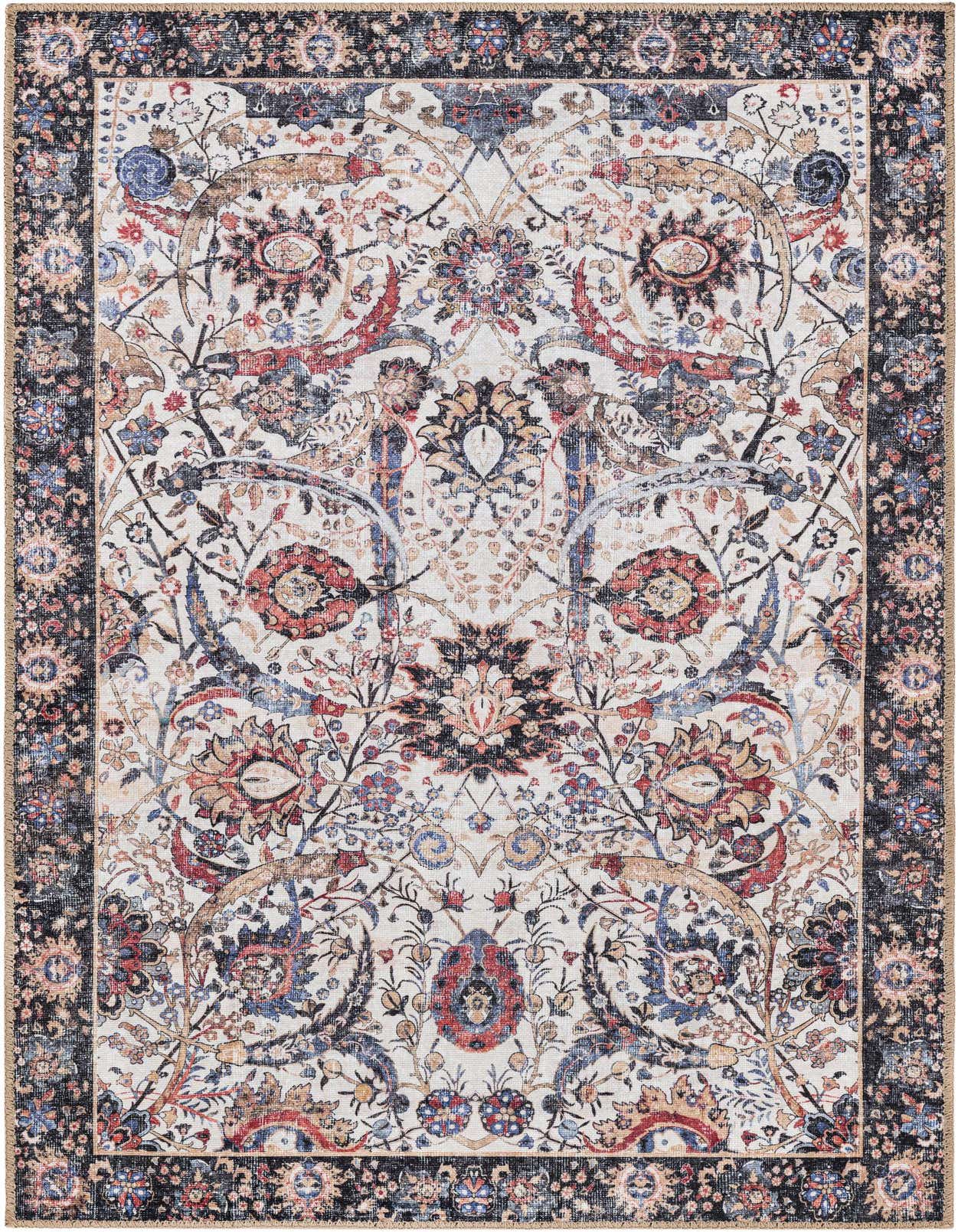 A 3x5 rectangular ivory rug with a distressed traditional floral pattern in red, blue, and black, featuring a dark border.