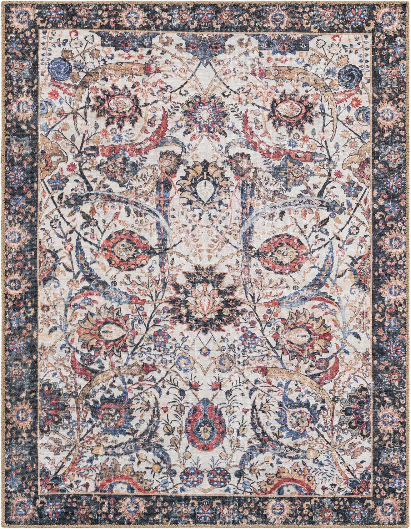 A 4x6 rectangular ivory and multi-color flatweave rug with a distressed floral and botanical pattern, featuring a dark border.