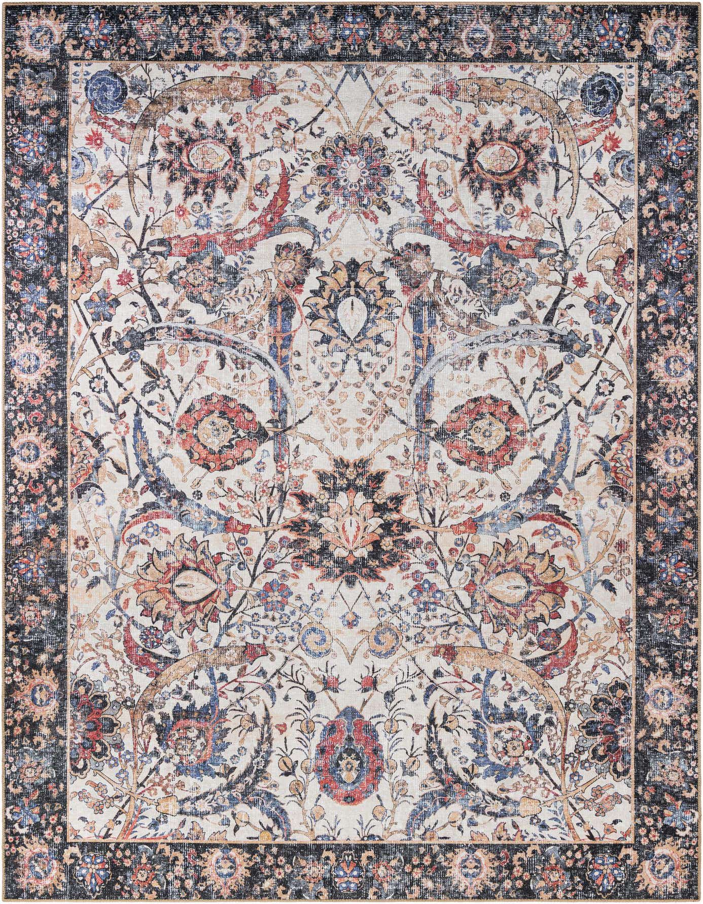An 8x12 rectangular ivory and cream oriental rug with a distressed traditional floral pattern and dark border.