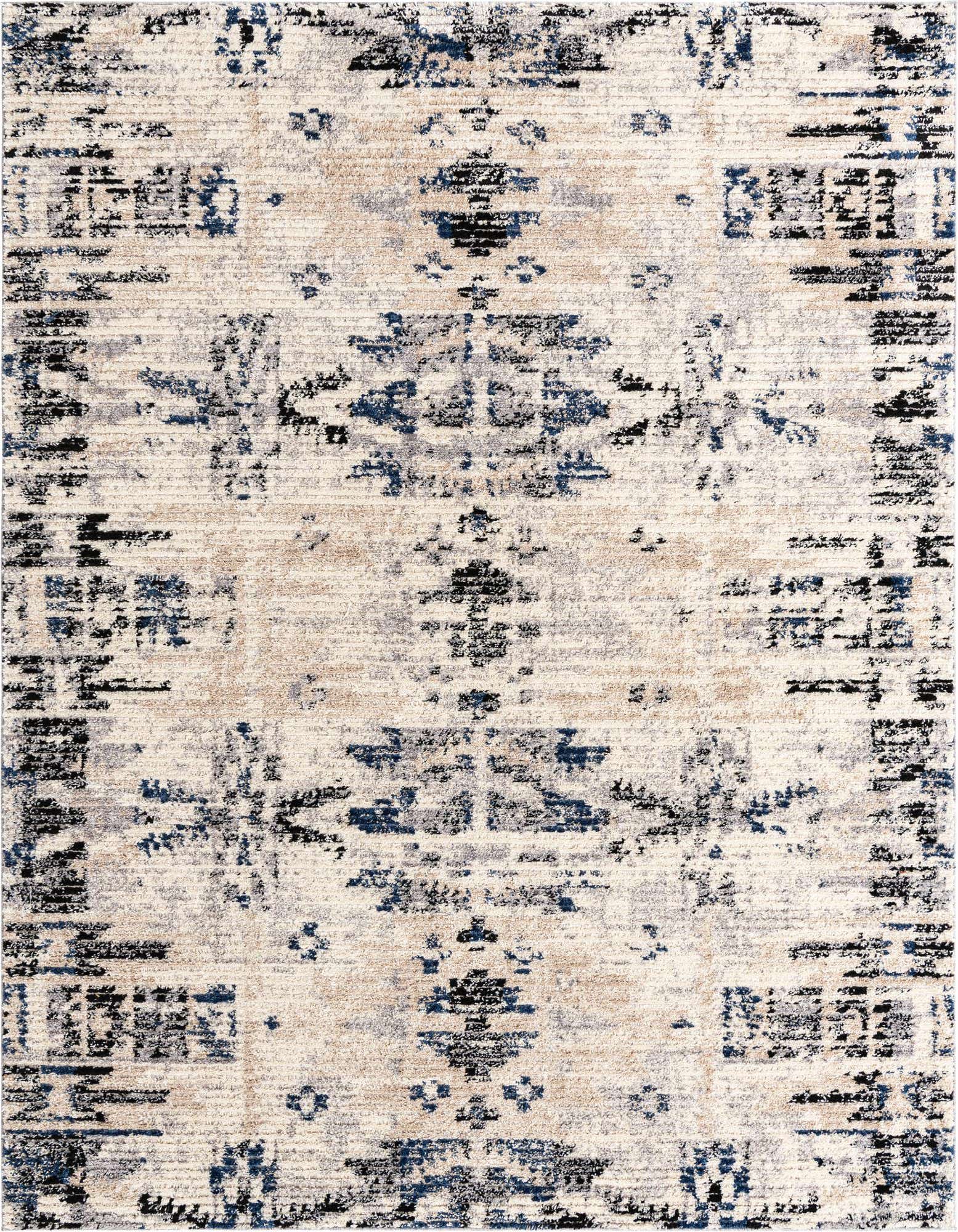 An 8x10 rectangular shag rug with an abstract Southwestern pattern in shades of ivory, cream, white, blue, and black.