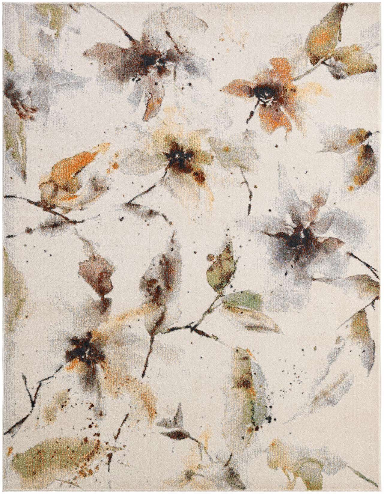 A 5x8 rectangular ivory modern floral rug with watercolor-style blooms in brown, orange, and gray tones.