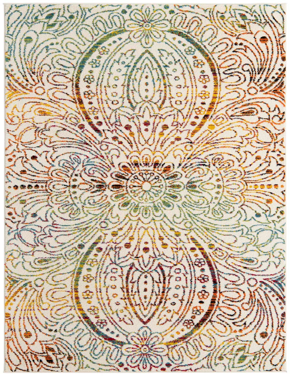 A 5x8 rectangular ivory area rug with a vibrant, multicolored bohemian medallion and botanical pattern, perfect for a living room.