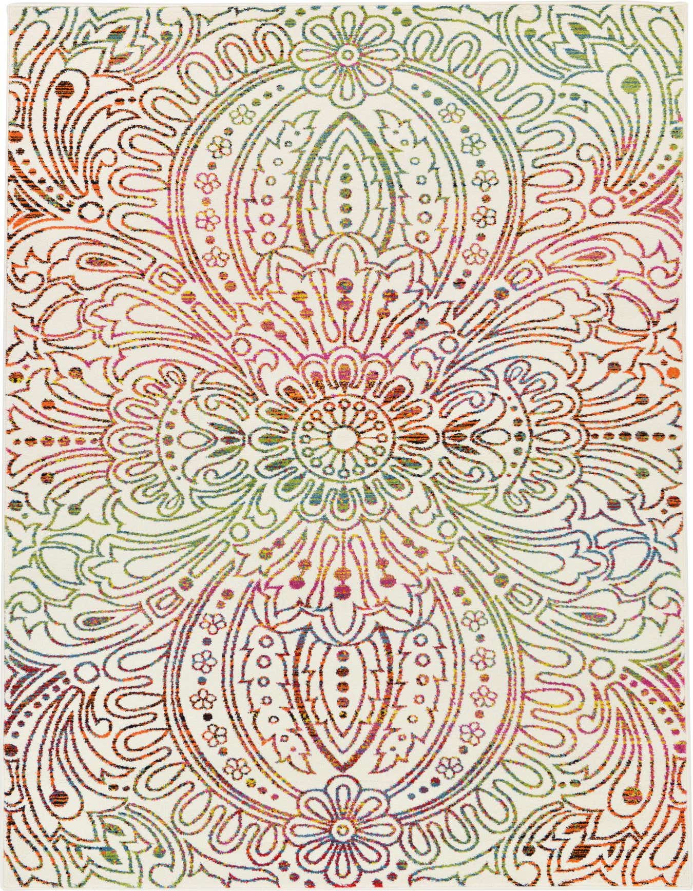 A 6x9 rectangular ivory area rug with a vibrant, multicolor bohemian medallion and botanical pattern, perfect for a living room.