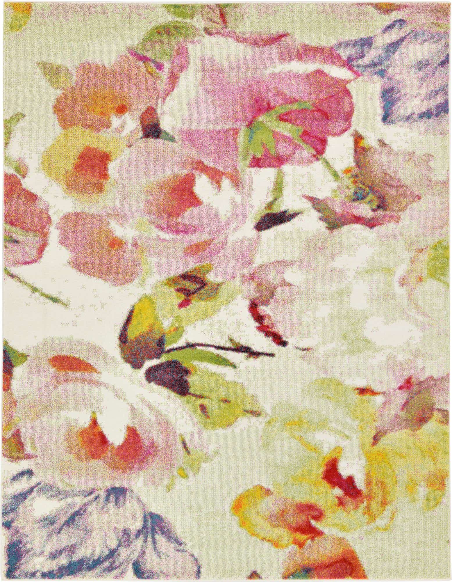 An 8x10 rectangular ivory area rug with a vibrant, modern floral pattern featuring large pink, yellow, and purple blossoms and green leaves.