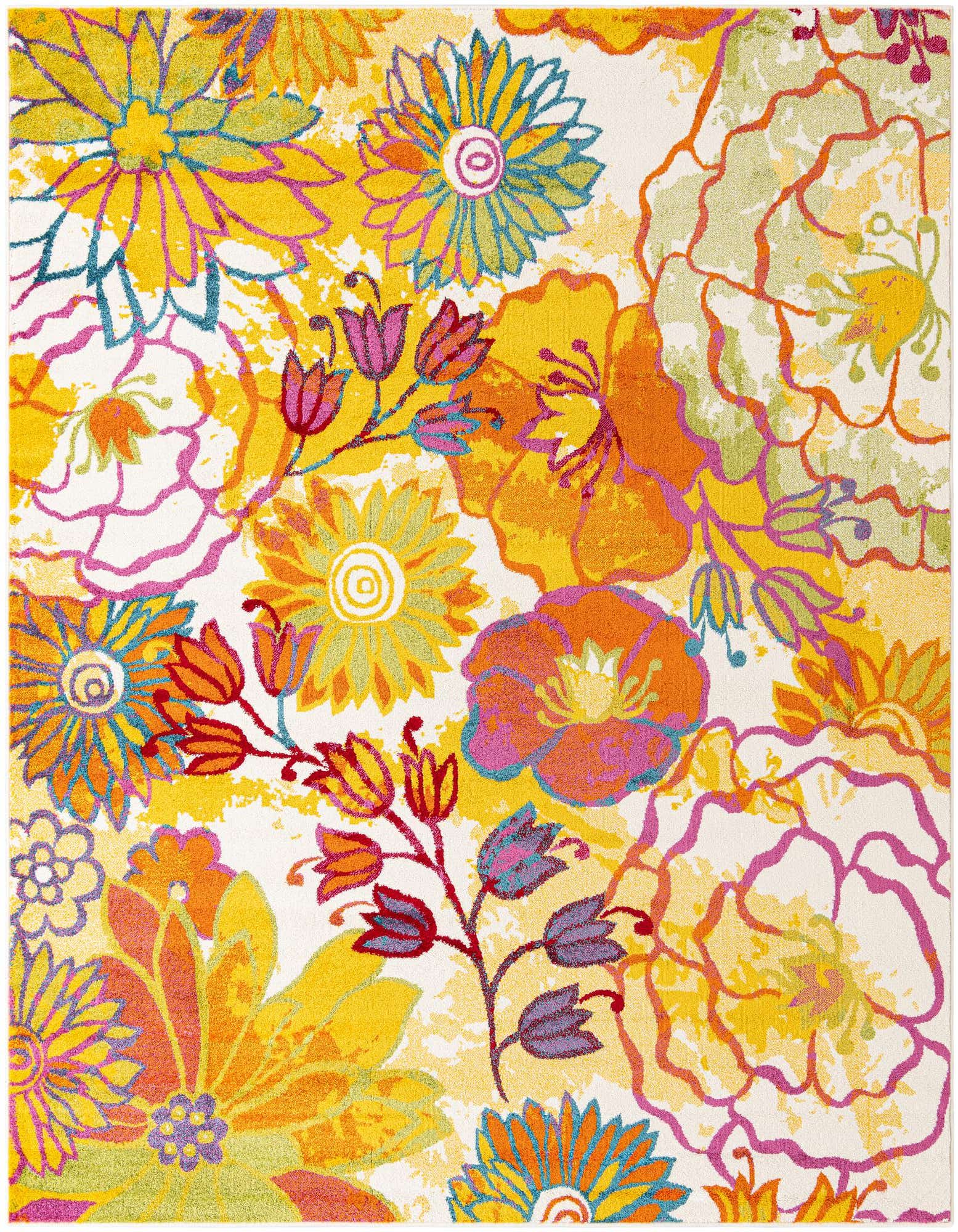 8x10 rectangular ivory rug with a vibrant, contemporary floral pattern in yellow, orange, pink, and green.