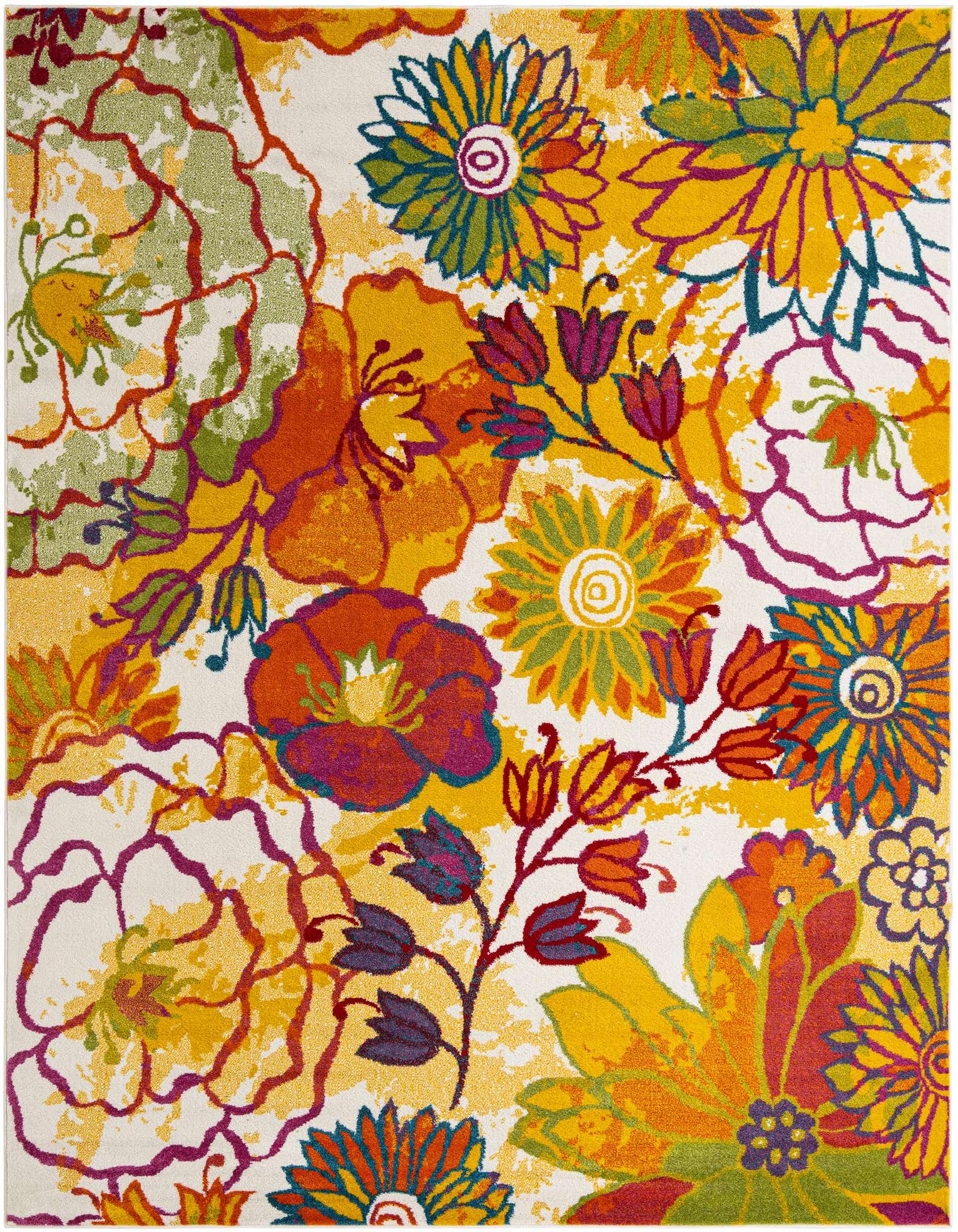 A 9x12 rectangular ivory area rug with a vibrant, multi-color floral and botanical pattern, featuring large orange, yellow, green, and purple flowers.