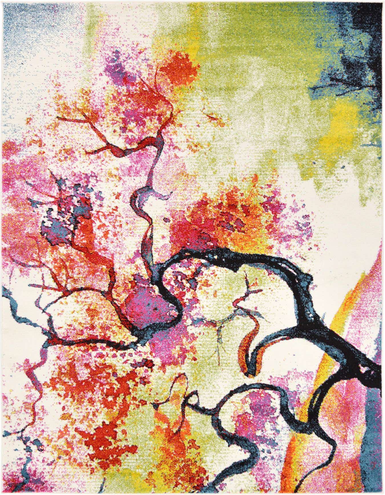 A 6x9 rectangular ivory rug with a vibrant, abstract botanical design featuring black branches and splashes of red, pink, yellow, and blue.